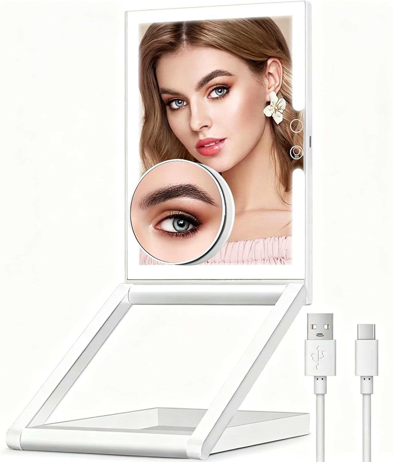 TOLOYE Makeup Mirror with Lights and Magnification 10X, Foldable Rechargeable Travel Led Makeup Mirror with Adjustable Stand, 3 Color Lights Stepless Dimming, Gifts for Women Wife Mom