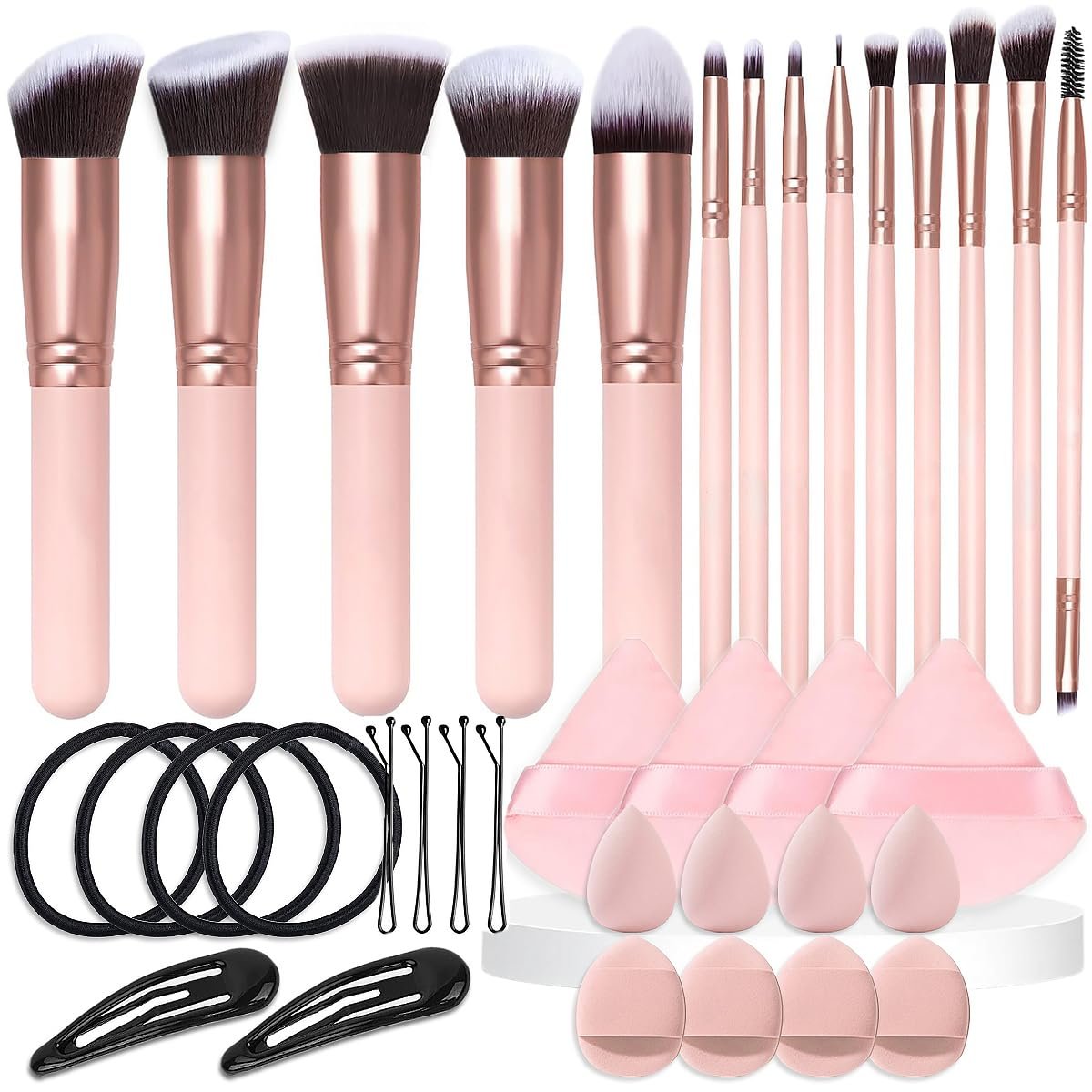 36 Pcs Makeup Brushes Set, 14 Premium Synthetic Face and Eye Brushes with Blender Sponges, Triangle Powder Puffs & Hair Clips, Professional Beauty Tool Kit for Foundation Blush Concealer, Pink