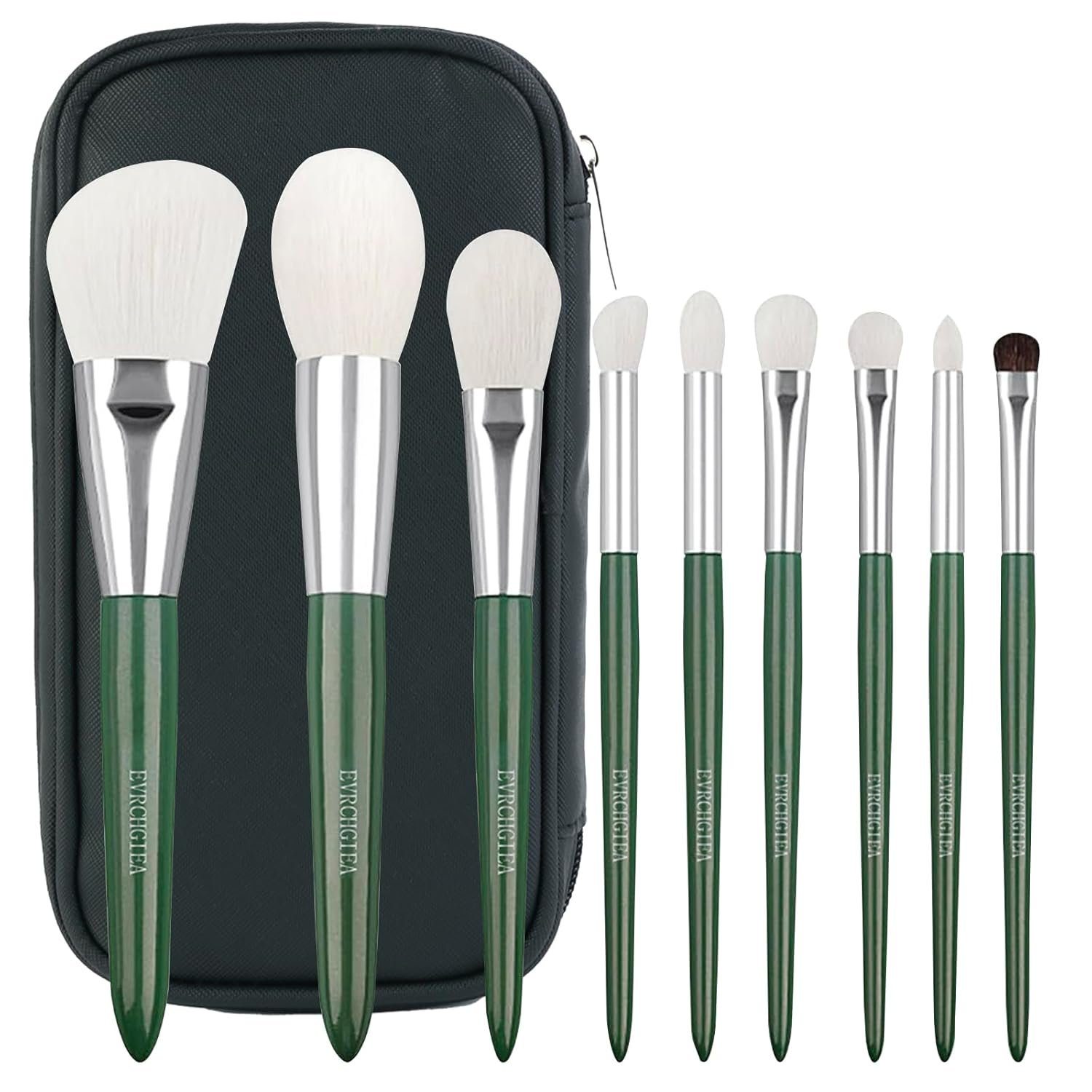 Natural Real Goat Hair Makeup Brushes Set Labeled 9 Piece Face and Eye Brush Set Ultra soft hair Foundation, Concealer, Blush, Contour, Blending, Eyeshadow Kabuki travel makeup brush set (green)