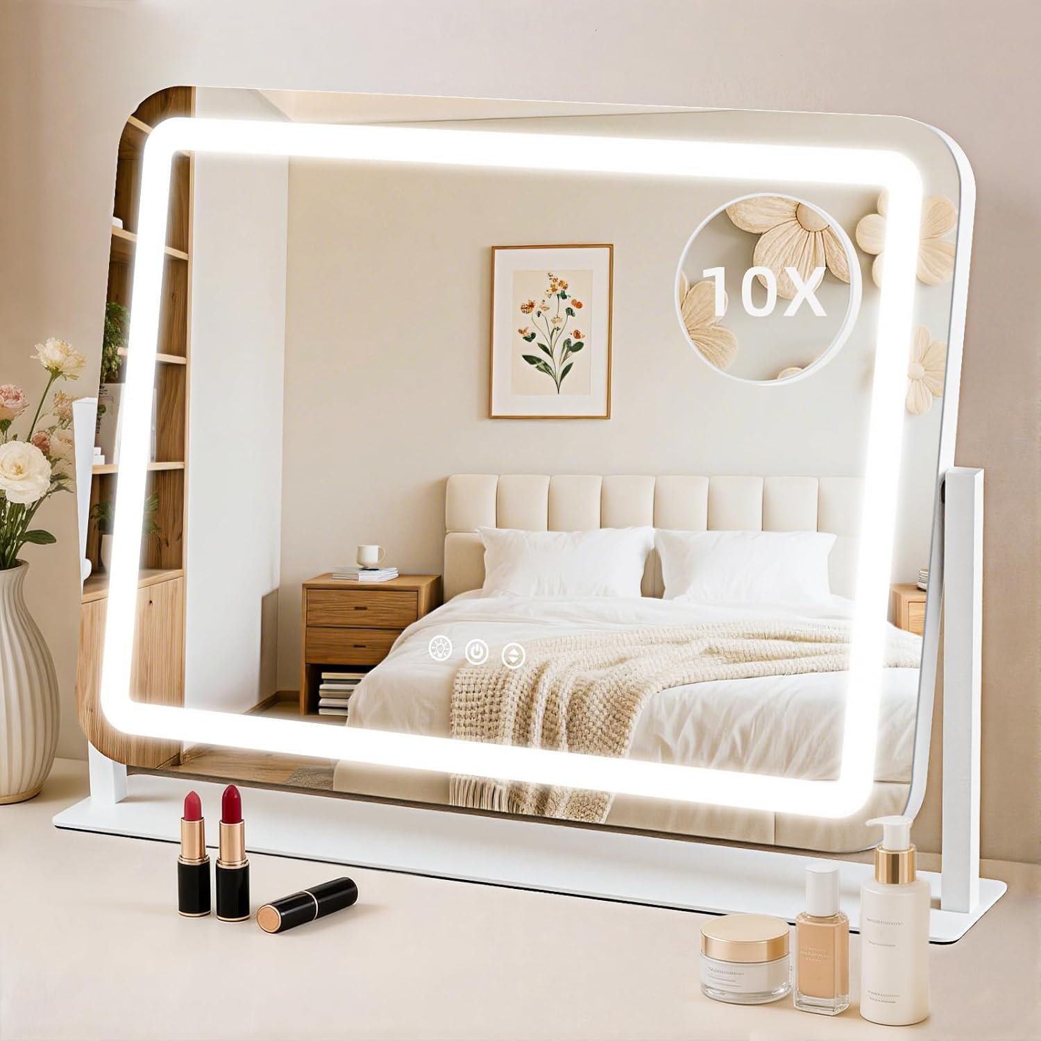 Vanity Mirror with Lights 22″x17″, Lighted Makeup Mirror with 10X Magnification 4.5″, 3 Color Dimmble Lights, Touch Control, 360° Rotation, Metal Frame, Women’s Gift, For Bedroom/Dressing Room, White