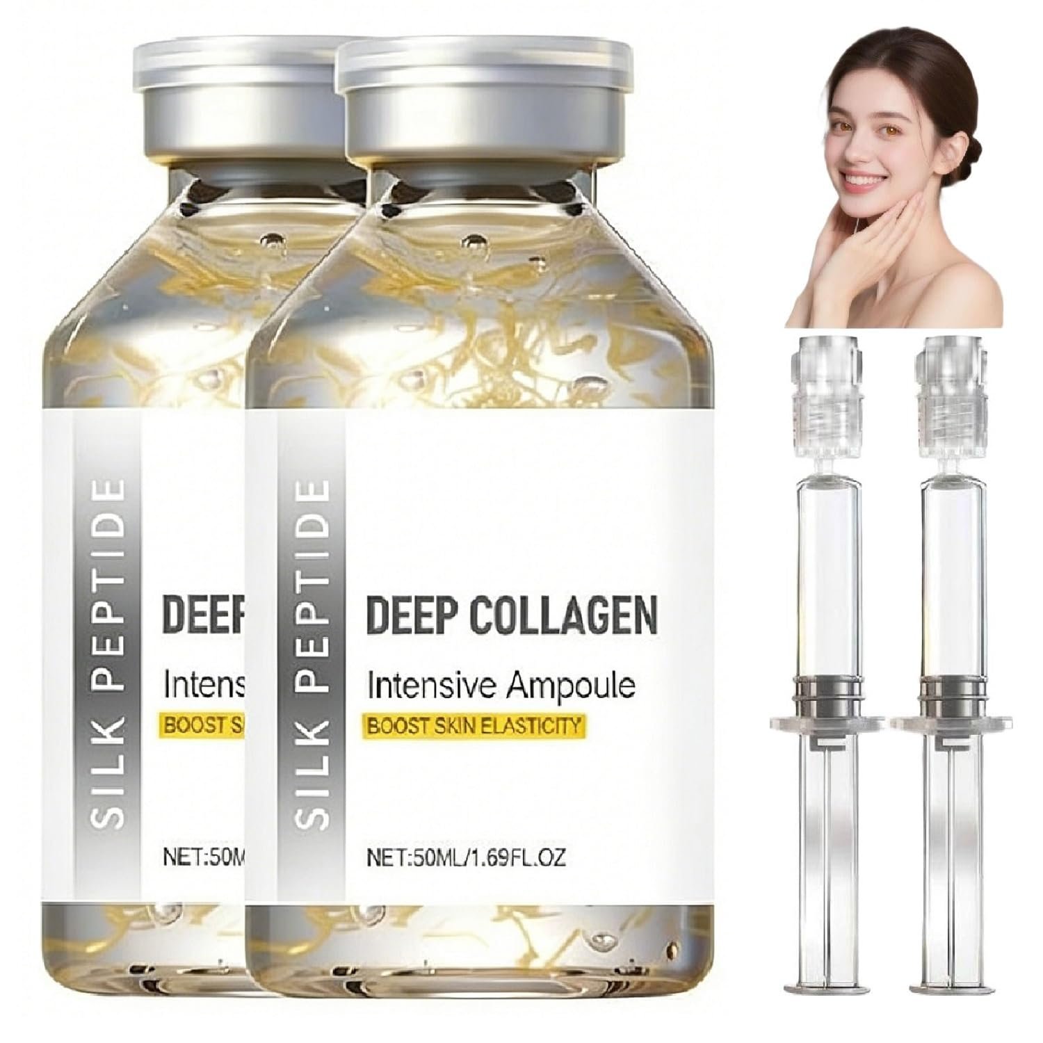 2Pcs Deep Collagen Silk Peptide Ampoule Set,Korean Anti-Aging Facial Essence,Hydrating,Tightening & Skin Smoothing Serum,Daily Skincare