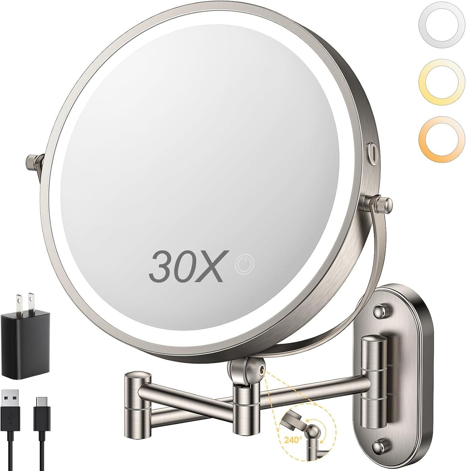 ZLOKLA 9″ Wall Mounted Lighted Makeup Mirror,4000mAh Rechargeable Double Sided 1X/30X Magnifying Mirror with Light,Touch Dimmable,Extended Arm 360 Rotation Wall Mounted Makeup Mirror 3 Color Lights-N
