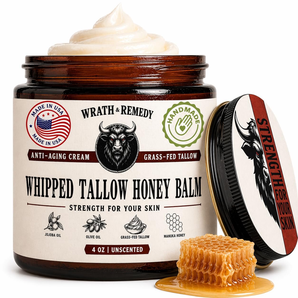 Organic Beef Tallow for Skin – 4 OZ (Unscented) — US-Made Grass Fed Beef Tallow for Face + Body — Whipped Tallow and Honey Balm Moisturizer for Dry and Sensitive Skin, Eczema, Rosacea (No Additives)