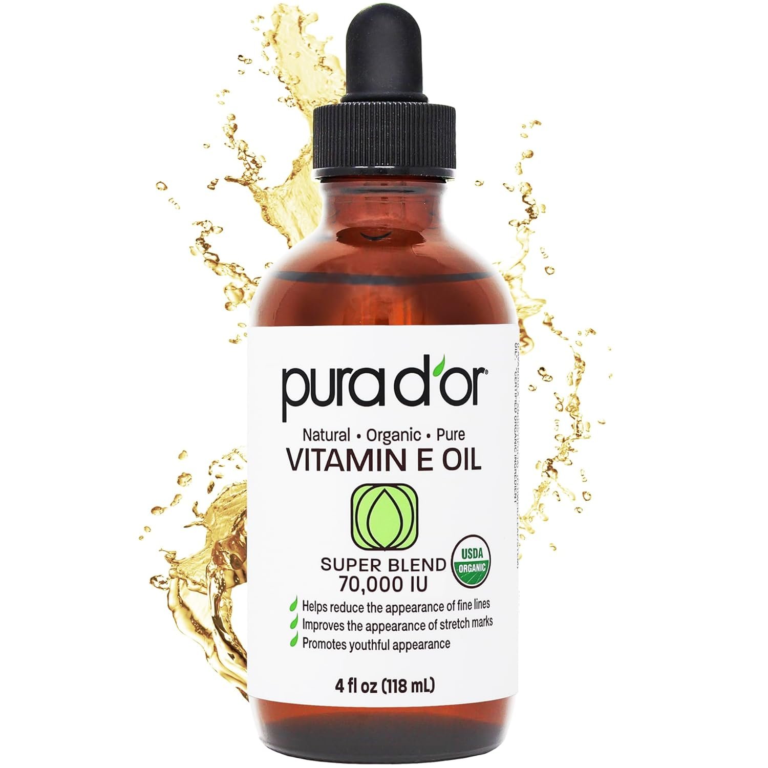 PURA D’OR 4 Oz Organic Vitamin E Oil 70,000 IU, USDA Certified Ayurvedic Skin Care, Face, Body w/Argan, Jojoba, Rosehip, Apricot, Almond & Avocado, Lightweight Moisturizer for Soft, Smooth Skin