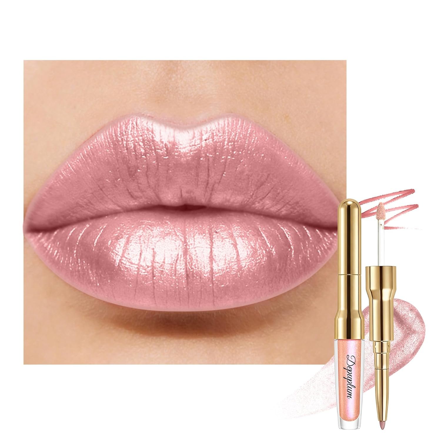 Depuplum Nude Metallic Lipstick and Lip Liner Combo Makeup 2in1 Shimmer Glitter Lipsticks for Women Metallic Lip Gloss Stain Waterproof Smudgeproof Silver Long Lasting Lipsticks (GB27 Angel)