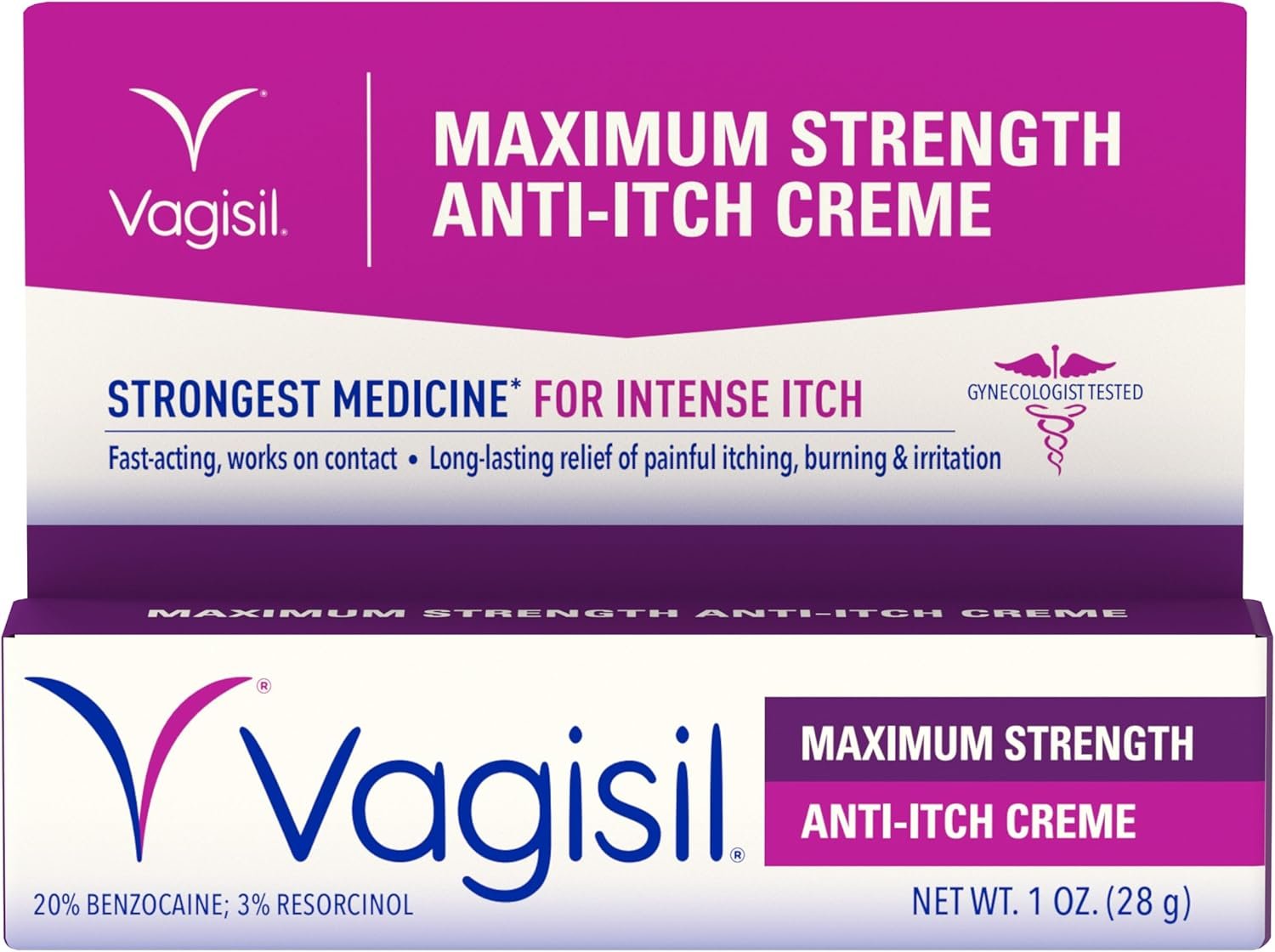 Vagisil Maximum Strength Feminine Anti-Itch Cream with Benzocaine for Women, Helps Relieve Yeast Infection Irritation, Gynecologist Tested, Fast-Acting, Soothes and Cools Skin, 1 oz