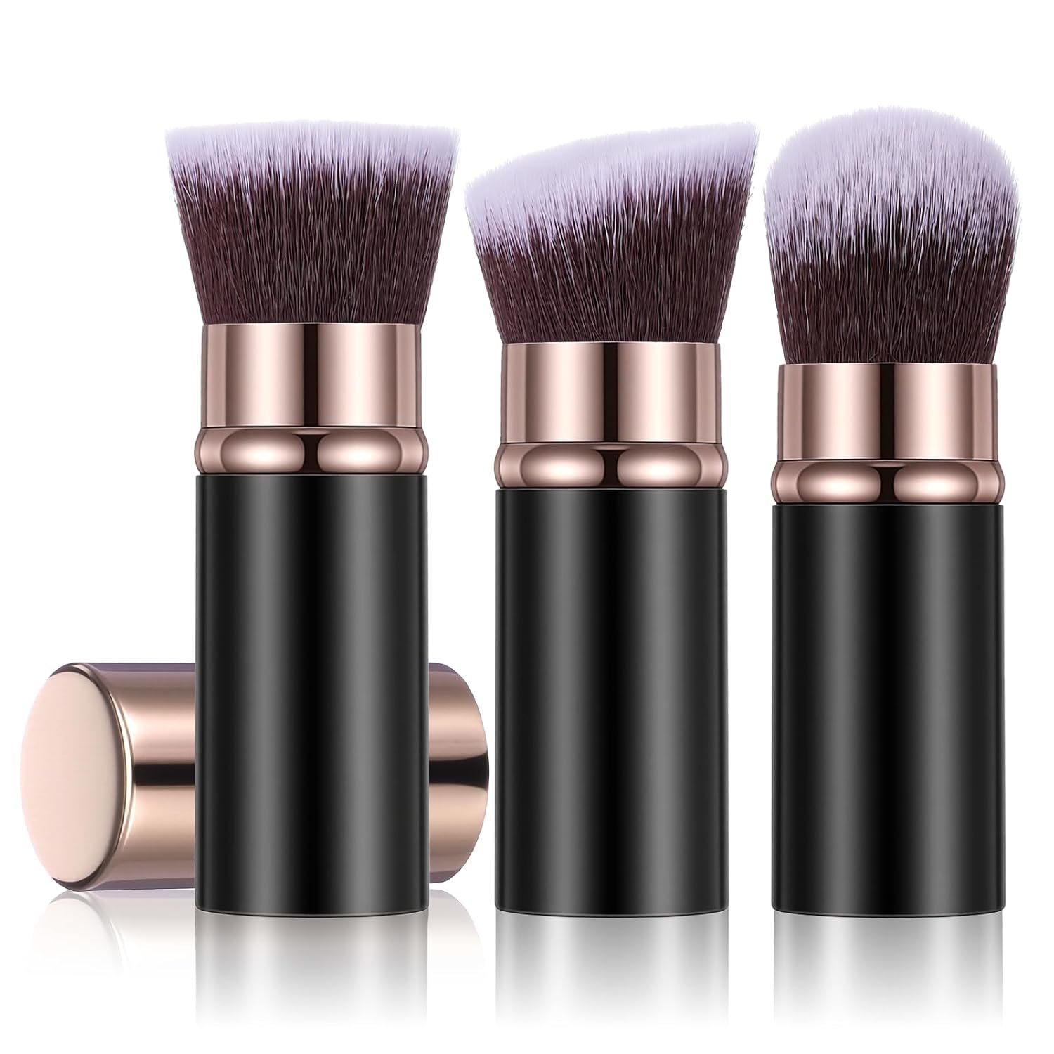 3 Pack Retractable Makeup Brush, Travel Kabuki Foundation Brush Portable Powder Foundation Brushes Face Blush Brushes for Blending Liquid Blush Bronzer Buffing Sunscreen Cosmetics(Black Gold)