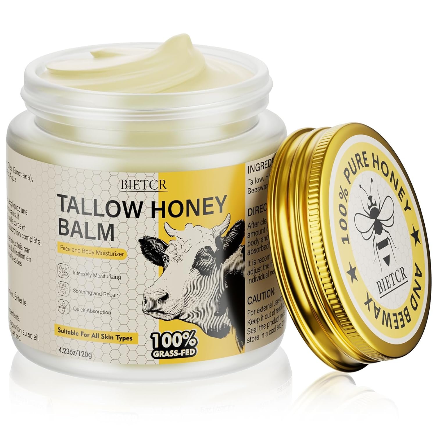 Organic Grass-Fed Beef Tallow for Skin,Body,Tallow Face Moisturizer for Eczema,Lip Balm,Whipped tallow honey balm,All Natural Body Lotion for Women Men,Tallow Cream Skincare,Unscented 4.2 OZ
