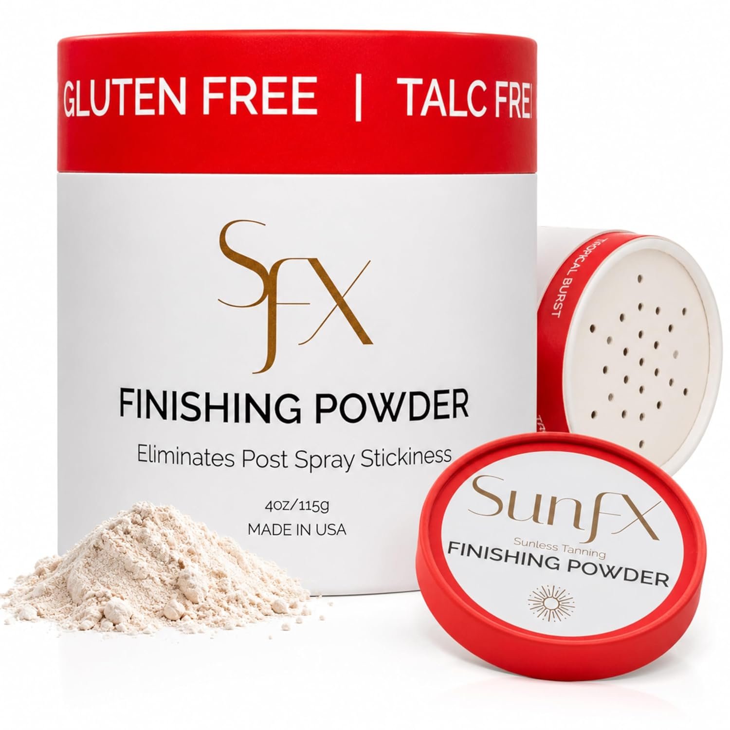 SunFX Setting Powder – Post Spray Tan Finishing Veil, Sunless Tanning Dusting Powder, Translucent Shimmer, Talcless Body Glow For Self Tanner, Spray Tan Powder – Tropical Burst, 4 Ounce (Pack of 1)