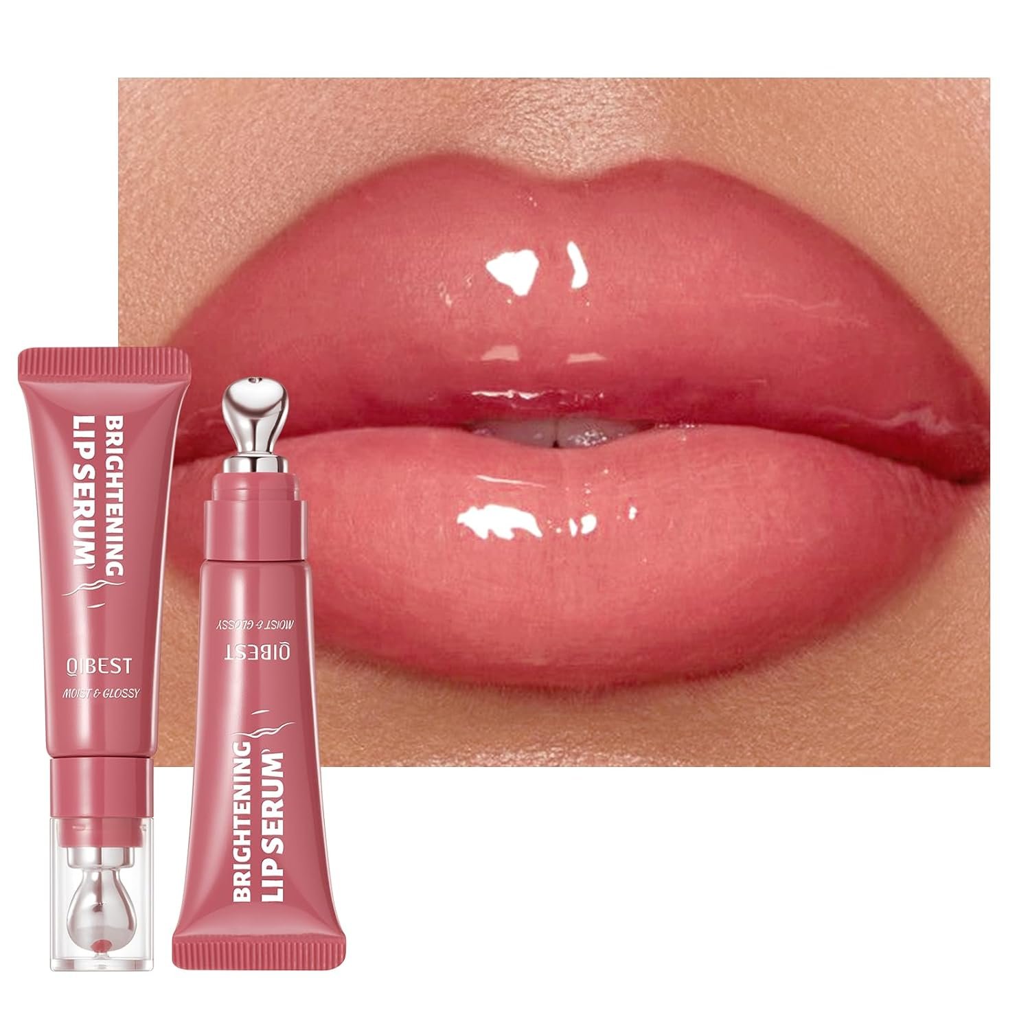 URQT Brightening Lip Serum, Hydrating Glossy Lip Oil with Metal Applicator, Plumping Moisturizing Lip Care Tint, Non-Sticky High Shine Lip Glow for Dry Lips (03# PINK PEACH)