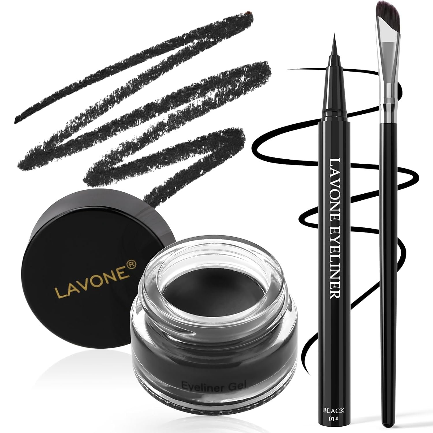 LAVONE Eyeliner Set – Waterproof Makeup Kit with Liquid Eye Liner Pencil, Gel Eyeliner and Angled Eye Liner Brush, Waterproof, Smudge Resistant, Long Lasting Formula – Black