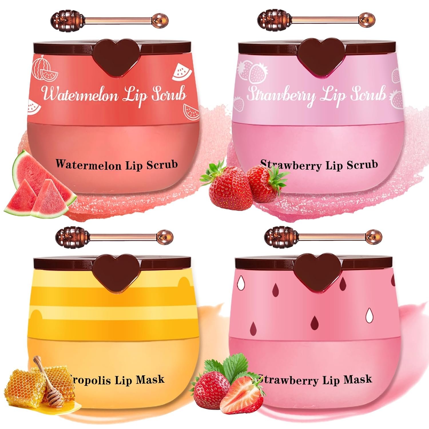 4PCS Lip Scrub and Mask Set,Strawberry and Honey Pot Lip Balm,Reduces Lip Lines Lip Exfoliator Scrub and Moisturizer,Repair Bee Lip Balm and Lip Scrub Set,Lip Mask Overnight