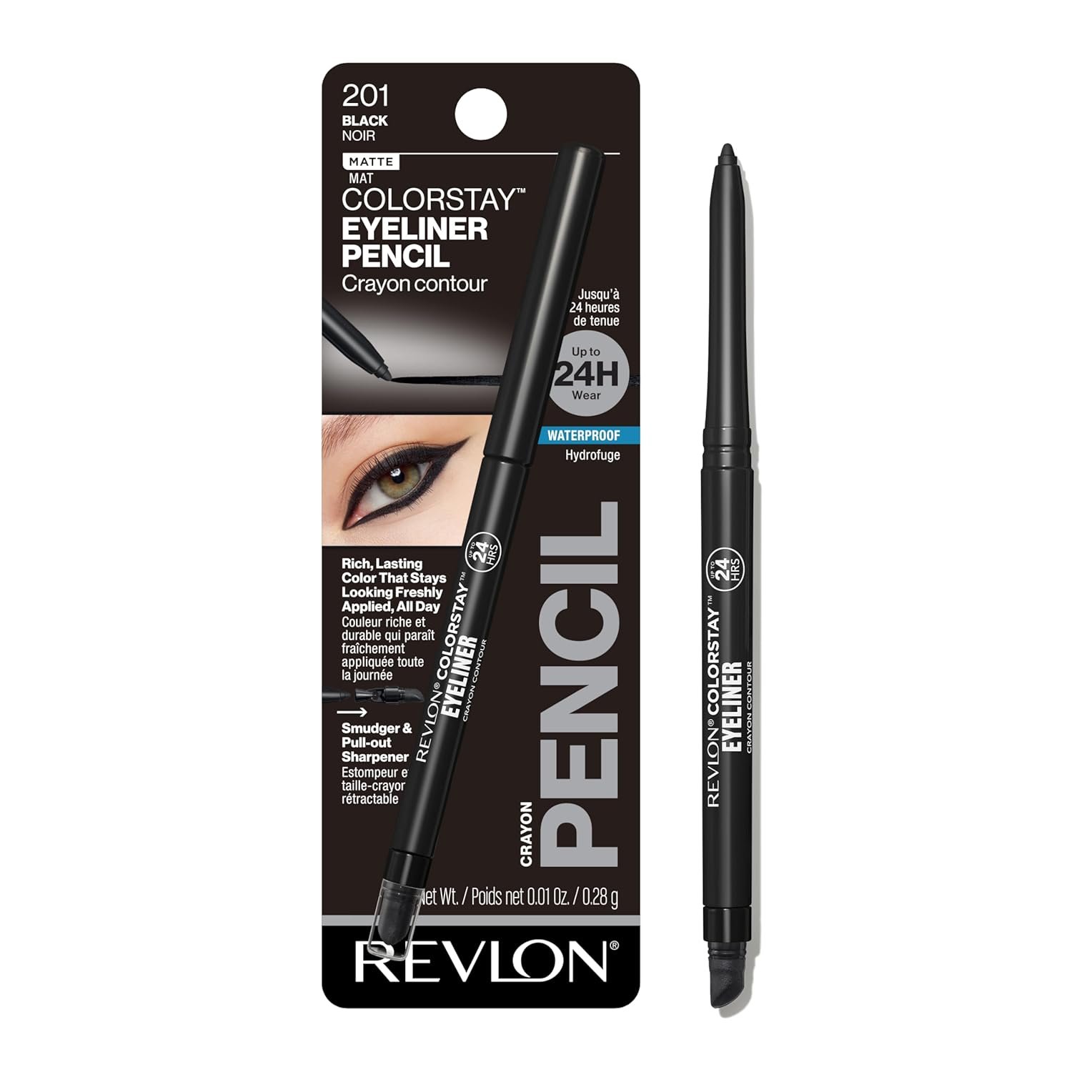 REVLON ColorStay Pencil Waterproof Eyeliner, Smudge-Proof, Eye Makeup with Built-In Sharpener, Long-Lasting, Matte Finish, 201 Black, 0.01 oz