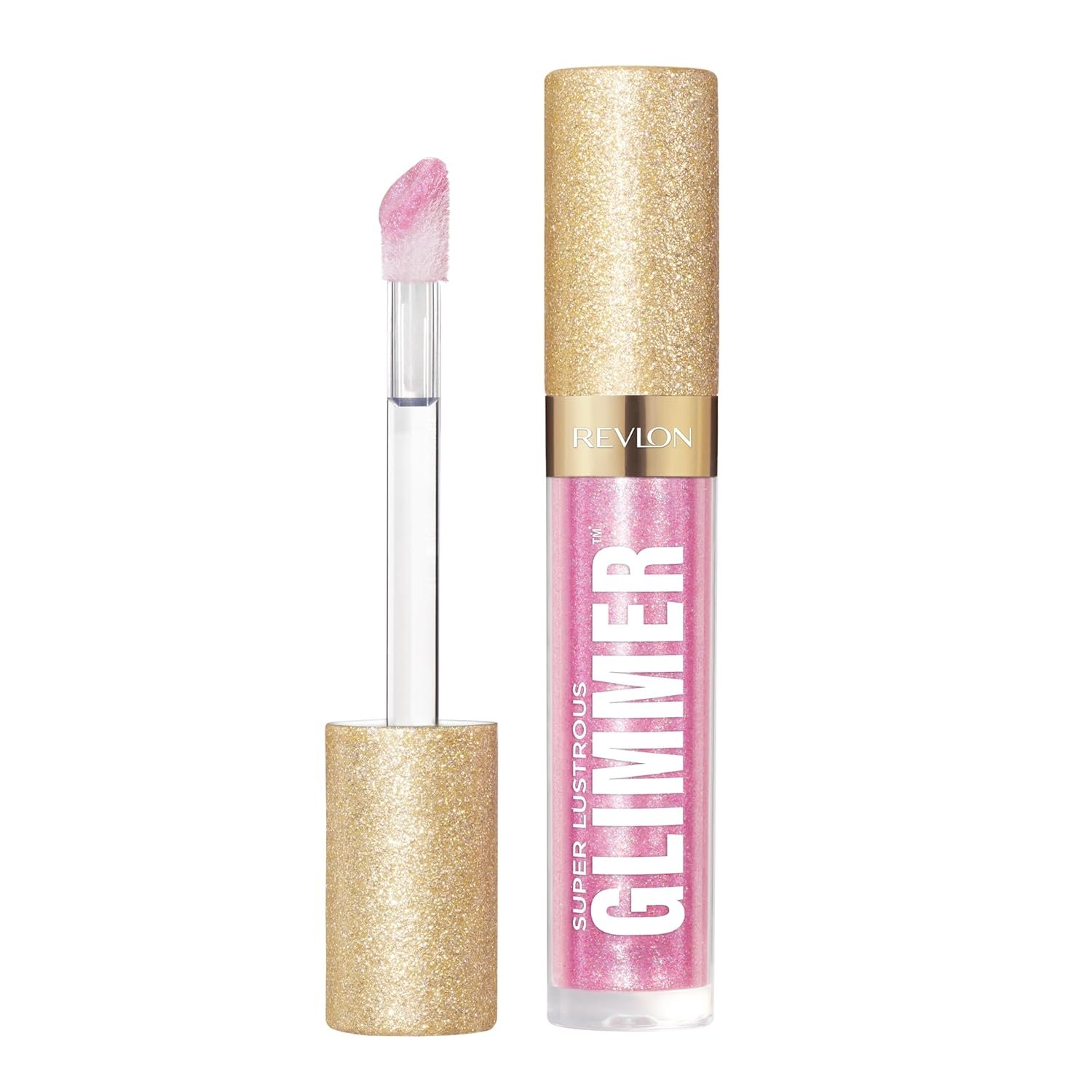 Revlon Super Lustrous Glimmer Gloss, Non-Sticky Hydrating Lip Gloss, High-Shine Sheer Shimmery Finish, Plant-Based Glitter, 002 Pink Prisma, 0.13 fl oz