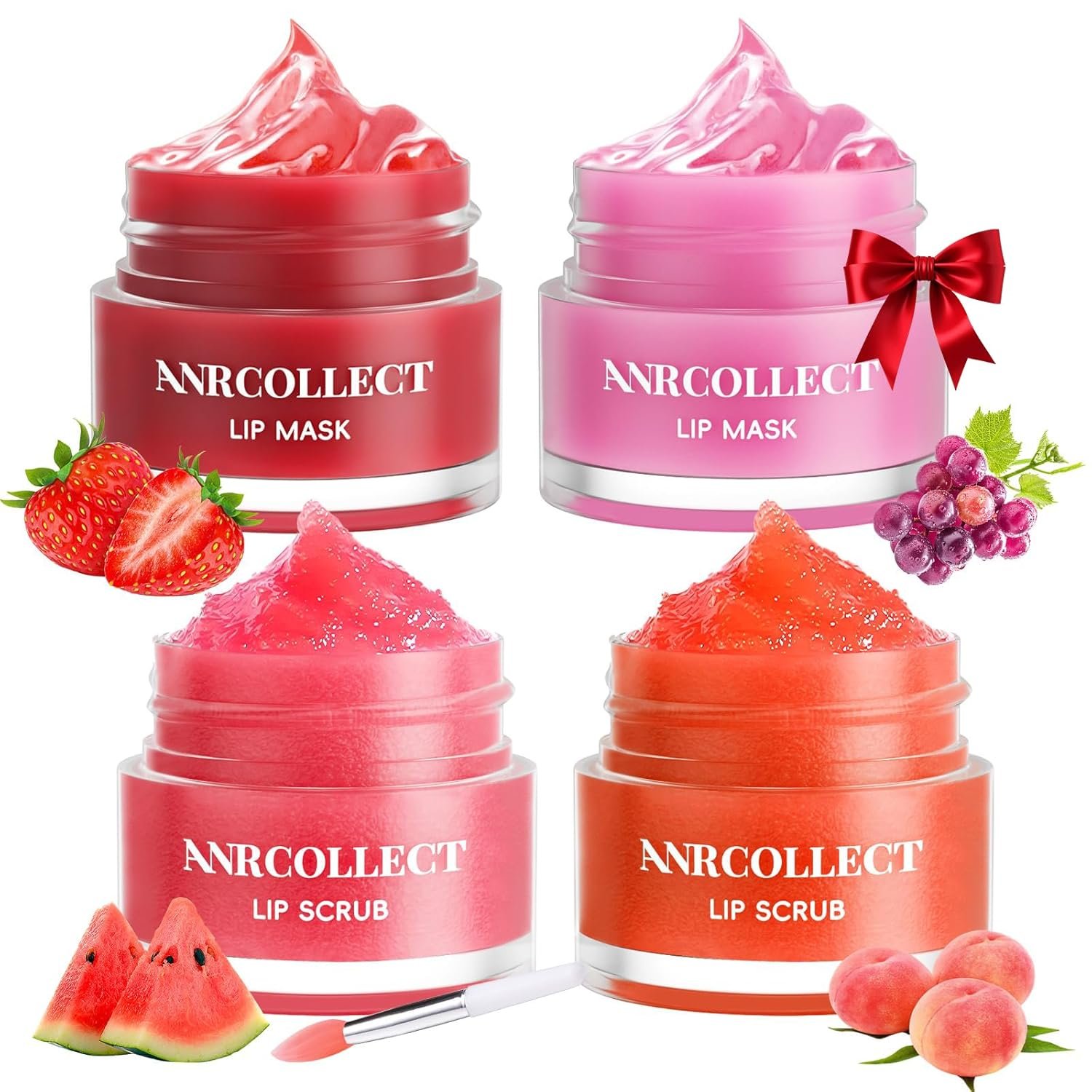 ANRCOLLECT Lip Scrub & Lip Mask – Overnight Treatment Lip Care Kits with 2 Lip Exfoliator & 2 Sleeping Lip Balm, Intense Hydration Lip Set for Dry Chapped Cracked Lips, Exfoliate & Moisturize (4 Pack)