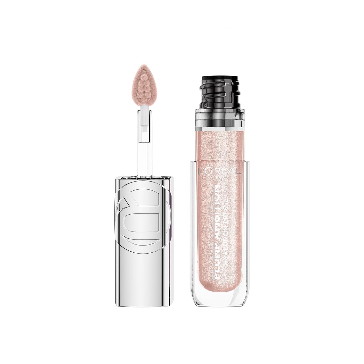 L’Oreal Paris Plump Ambition Hyaluron Lip Oil Shimmer, 24 HR Lip Gloss with Hyaluronic Acid, Volumizing Formula with Glass-Like Shine, Nude Lights, 0.16 fl oz