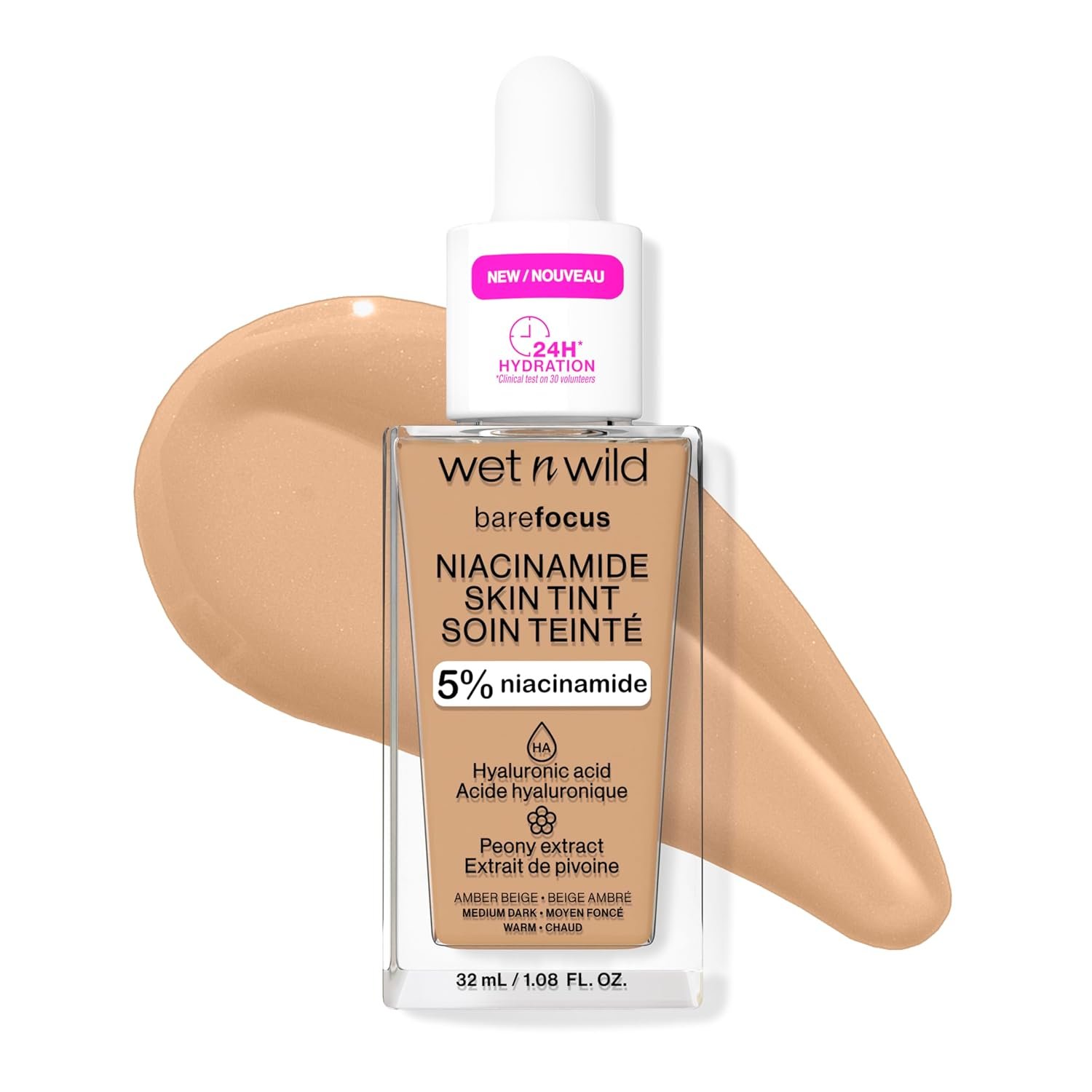 wet n wild Bare Focus Skin Tint, 5% Niacinamide Enriched, Buildable Sheer Lightweight Coverage, Natural Radiant Finish, Hyaluronic & Vitamin Hydration Boost, Cruelty-Free & Vegan – Amber Beige