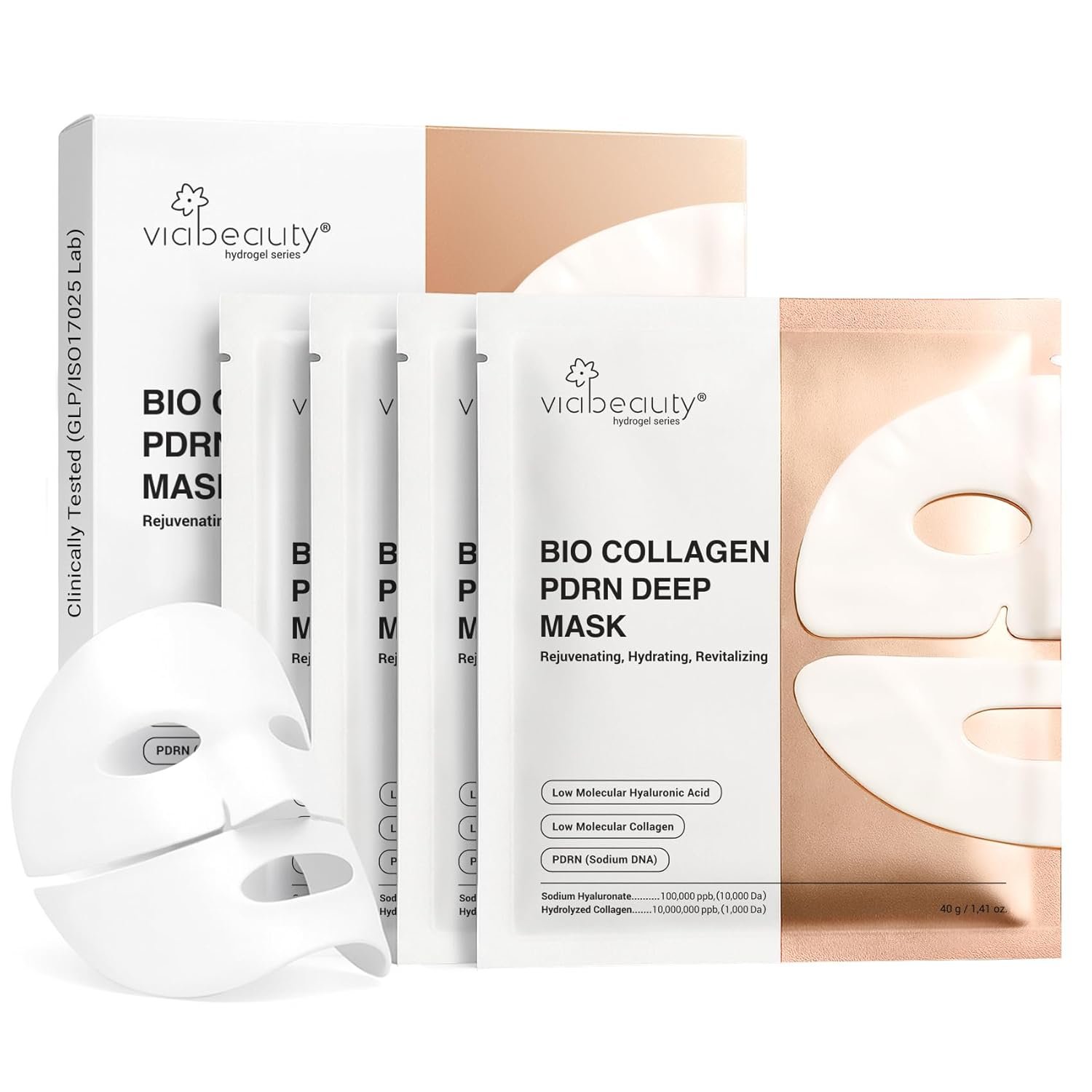 VIABEAUTY Bio Collagen Face Mask with PDRN and Hyaluronic Acid – Hydrogel Collagen Mask Overnight – Deep Hydrating, Glass Skin, Firming & Rejuvenating Skincare| 1.41oz(40g) x 4ea