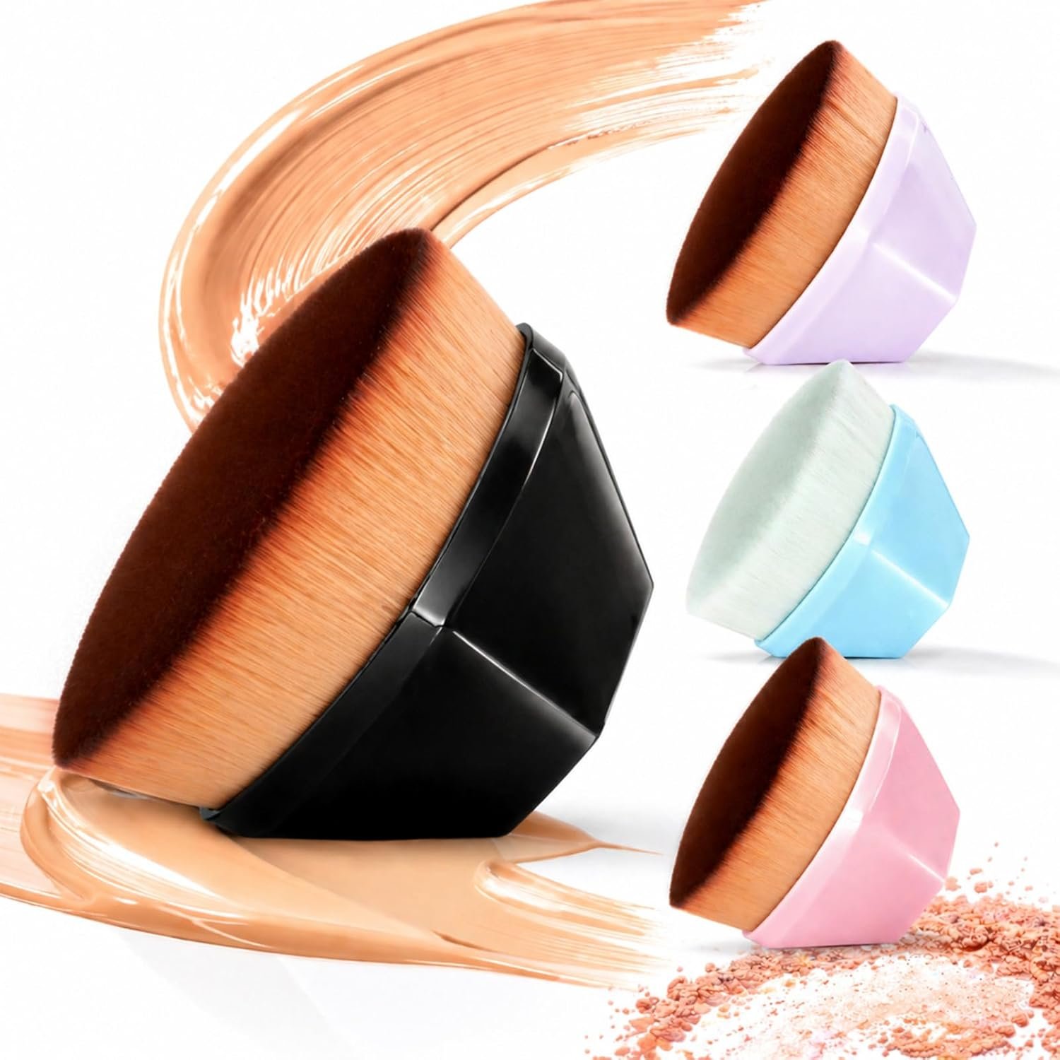BEAHOT 4 Pack Foundation Makeup Brushes, Flat Top Kabuki Brush Set for Liquid, Cream & Powder, Dense Soft Face Brush for Flawless Blending, Travel Case Included