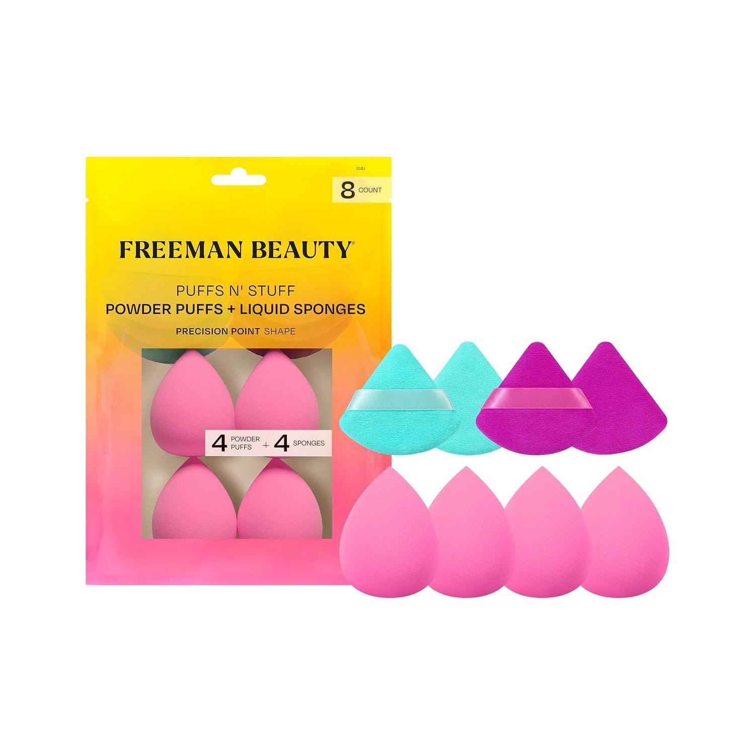 Freeman Puffs N’ Stuff Powder Puffs + Liquid Sponges 8 Count Set, Makeup Blending Sponges For Liquid & Cream Foundation & Concealer, Triangle Powder Puff For Setting Powder, Vegan & Cruelty Free