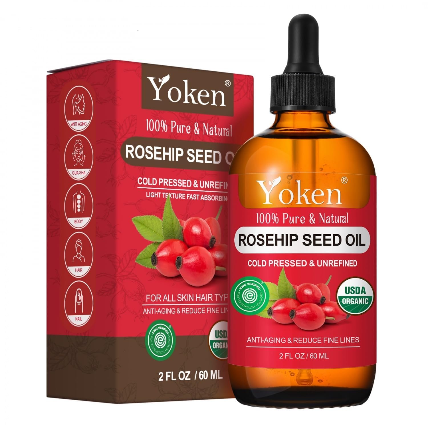 Yoken Organic Rosehip Seed Oil for Face, 100% Pure and Natural Cold Pressed Unrefined Rosehip Oil Carrier for Skin, Hair & Nails – Lightweight, Fast-Absorbing (2 fl oz)