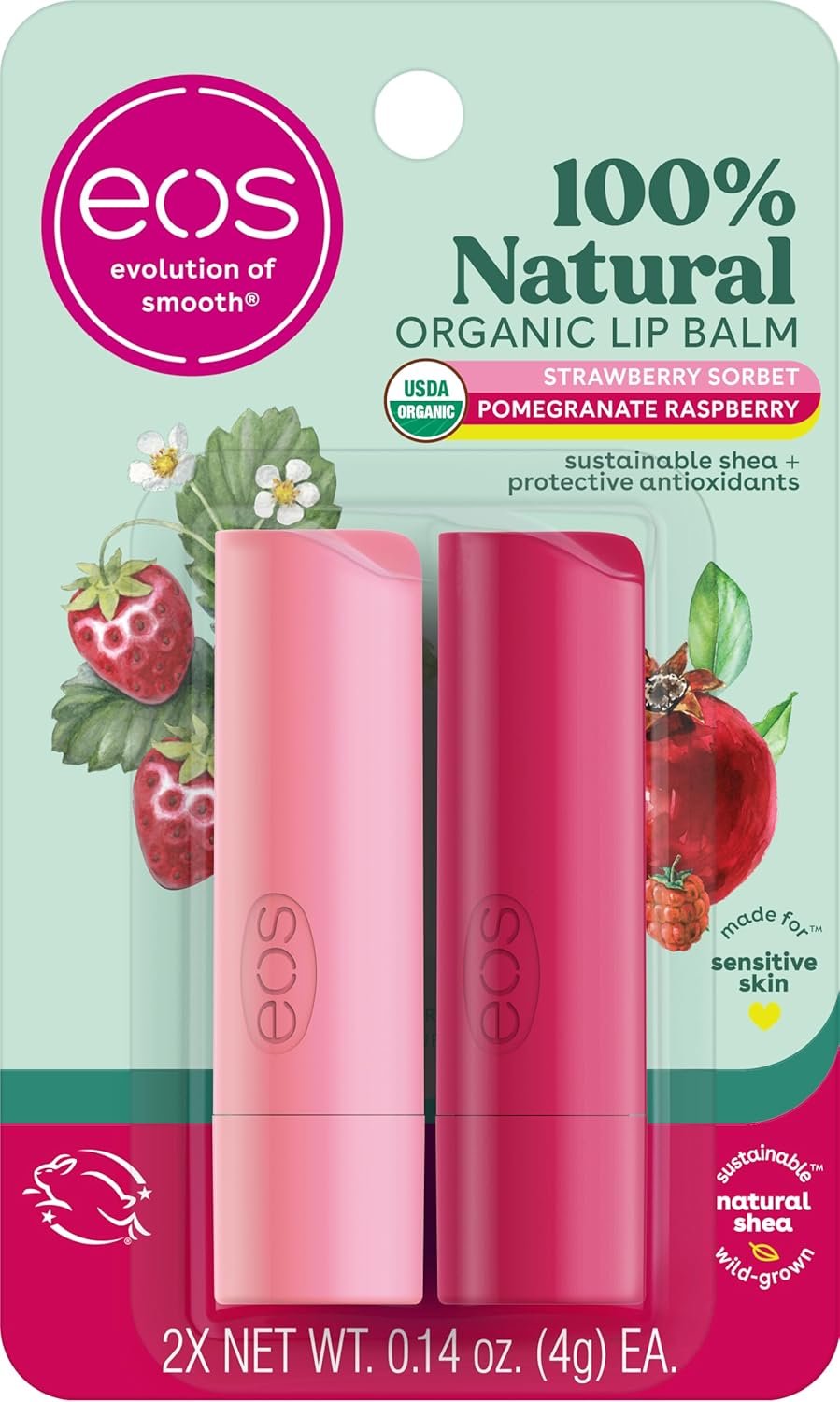eos 100% Natural Lip Balm – Strawberry Sorbet and Pomegranate Raspberry, All-Day Moisture, Lip Care Products, 0.14 oz, 2-Pack