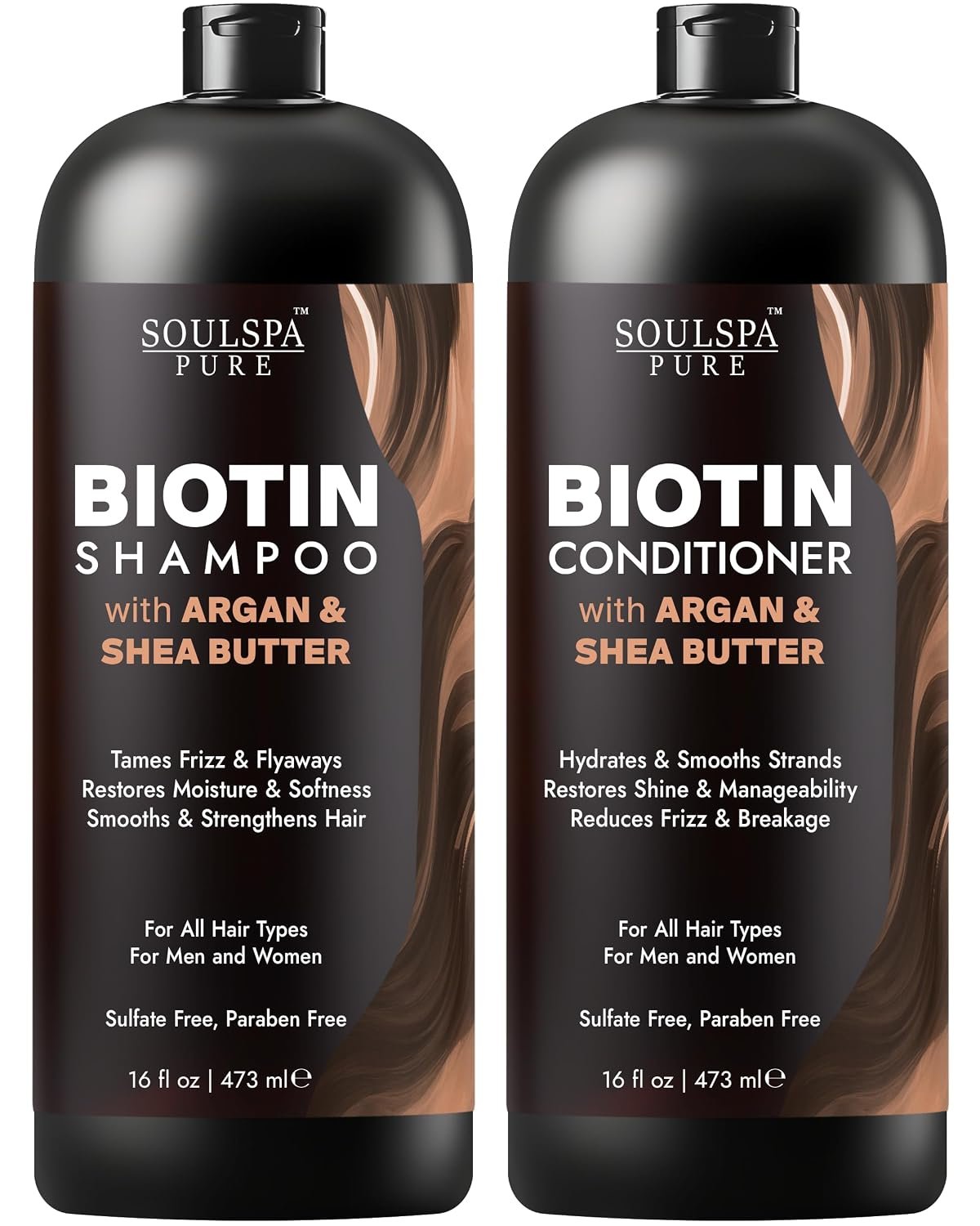 SOULSPA PURE Biotin Argan Oil Shampoo and Conditioner Set – Shea Butter Moisturizing Formula for Curly, Dry & Damaged Hair – Deep Hydration for Men & Women -16 fl oz Each