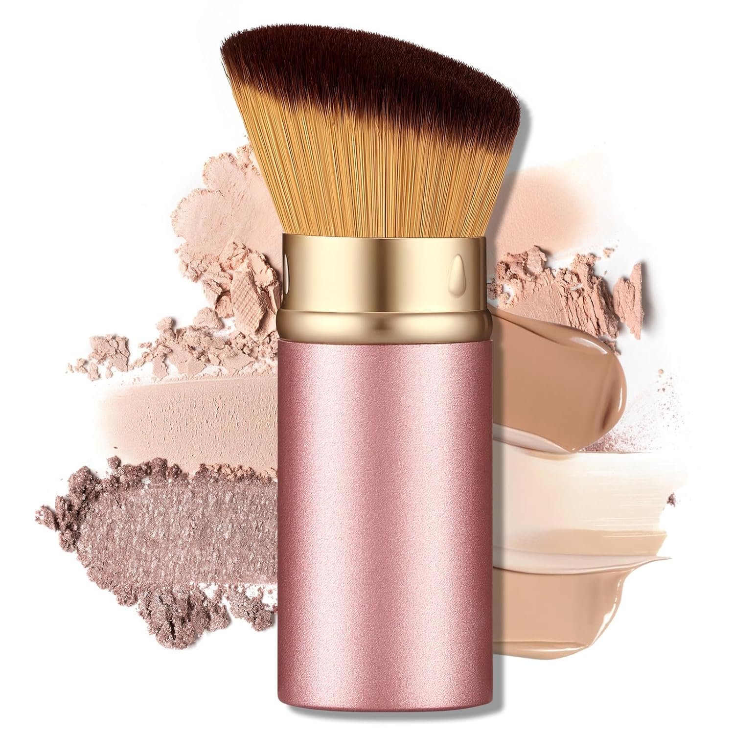 Retractable Kabuki Travel Makeup Brush, All-in-One Face Brush with Protective Cap, Ultra-Soft Dense Bristles for Powder, Blush, Foundation, Flawless On-the-Go Application(Rose Gold)