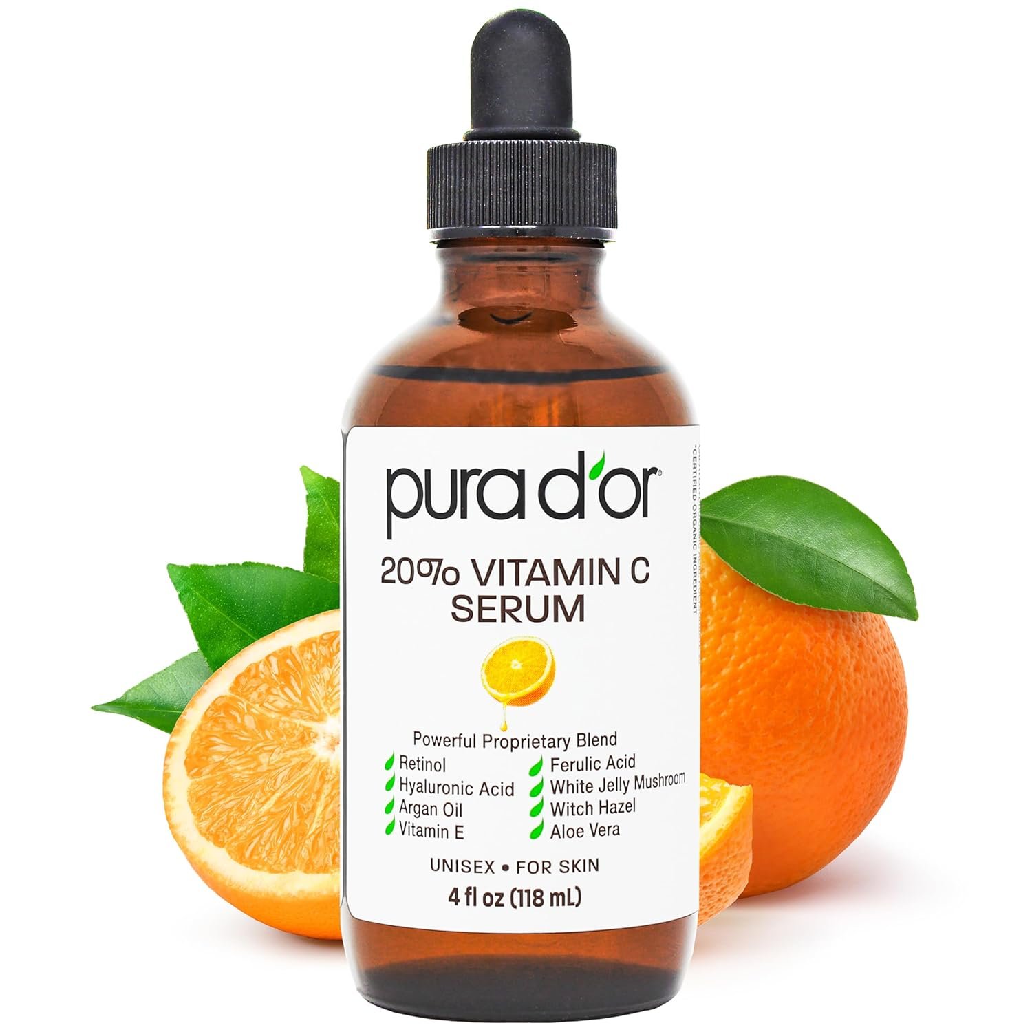 PURA D’OR 20% Vitamin C Facial Serum 4 Oz Antioxidant Anti-Aging Blend w/Retinol, Hyaluronic Acid, Ferulic Acid – Hydrating Lightweight Ayurvedic Skin Care – Men Women Daily Use
