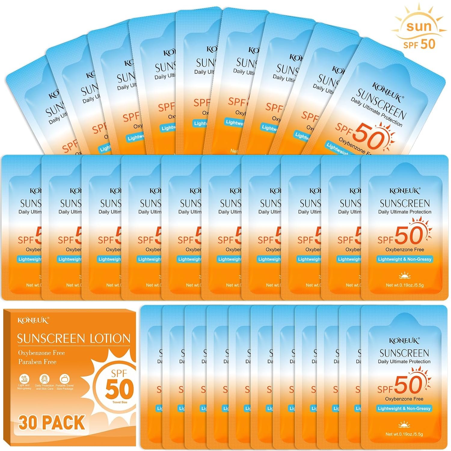 30 Pack Travel Size Sunscreen, SPF 50, Bulk Mini Sunscreen for Face and Body, Lightweight and Non-Greasy, Travel Size for Summer Beach and Outdoor, 0.19 OZ/Pack