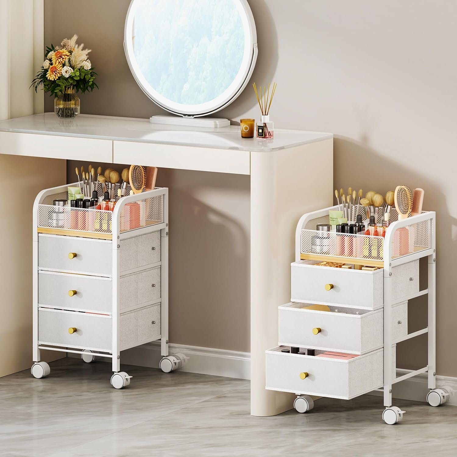 SWTYMIKI Rolling Makeup Organizer Cart – Under Desk Vanity Makeup Storage with 3 Non-woven Drawers, Nail Cart Organizer Cosmetic Display Cases Cabinet for Skin Care Perfume Nail Polish Brush Hair Tool