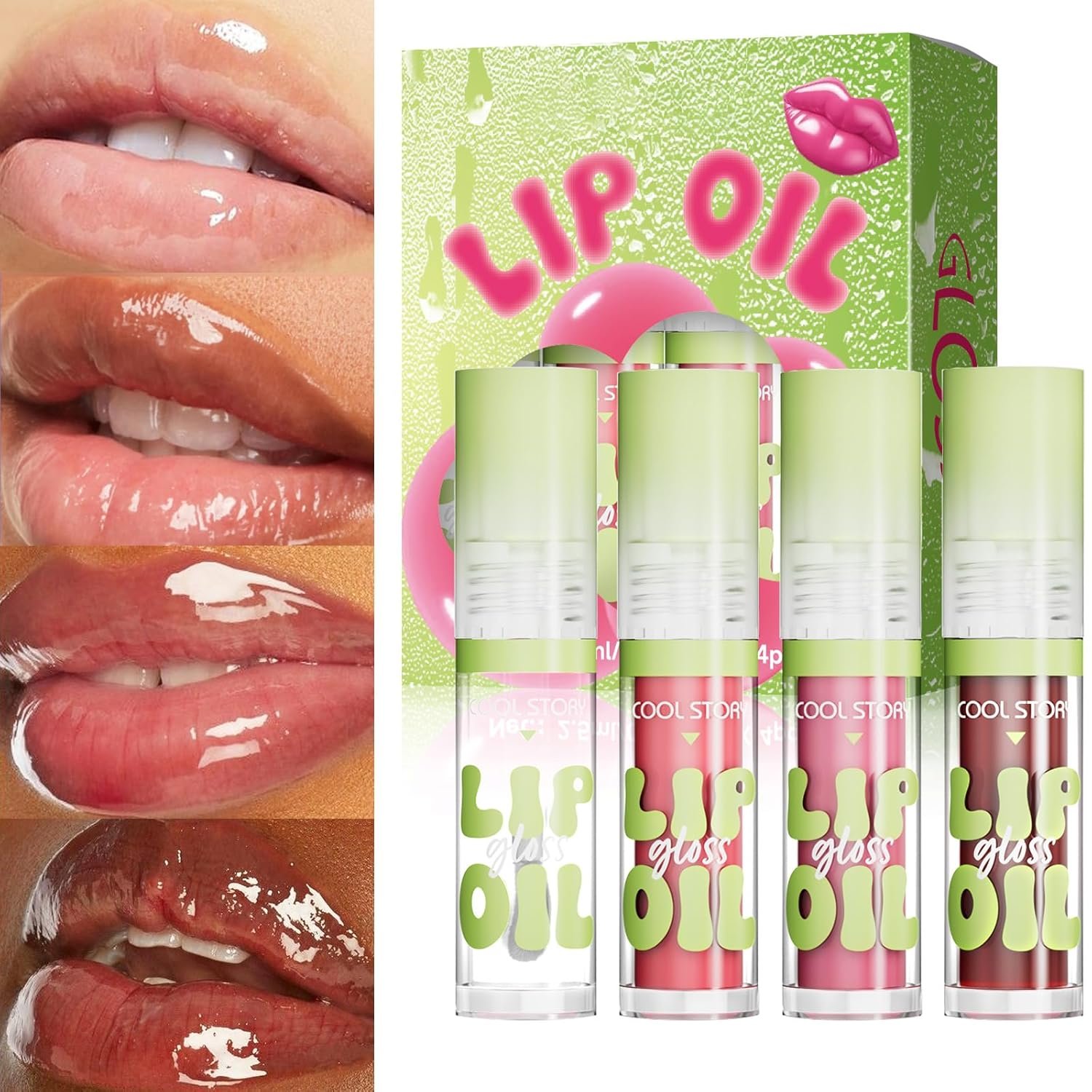 4 Pack Hydrating Glow Lip Oil Makeup Set for Women, Moisturizing Lip Gloss with Glow Finish, Long Lasting Nourishing Lip Care Full Oil Lip Drip, Sweet Candy Scent (SET A, LIGHT)