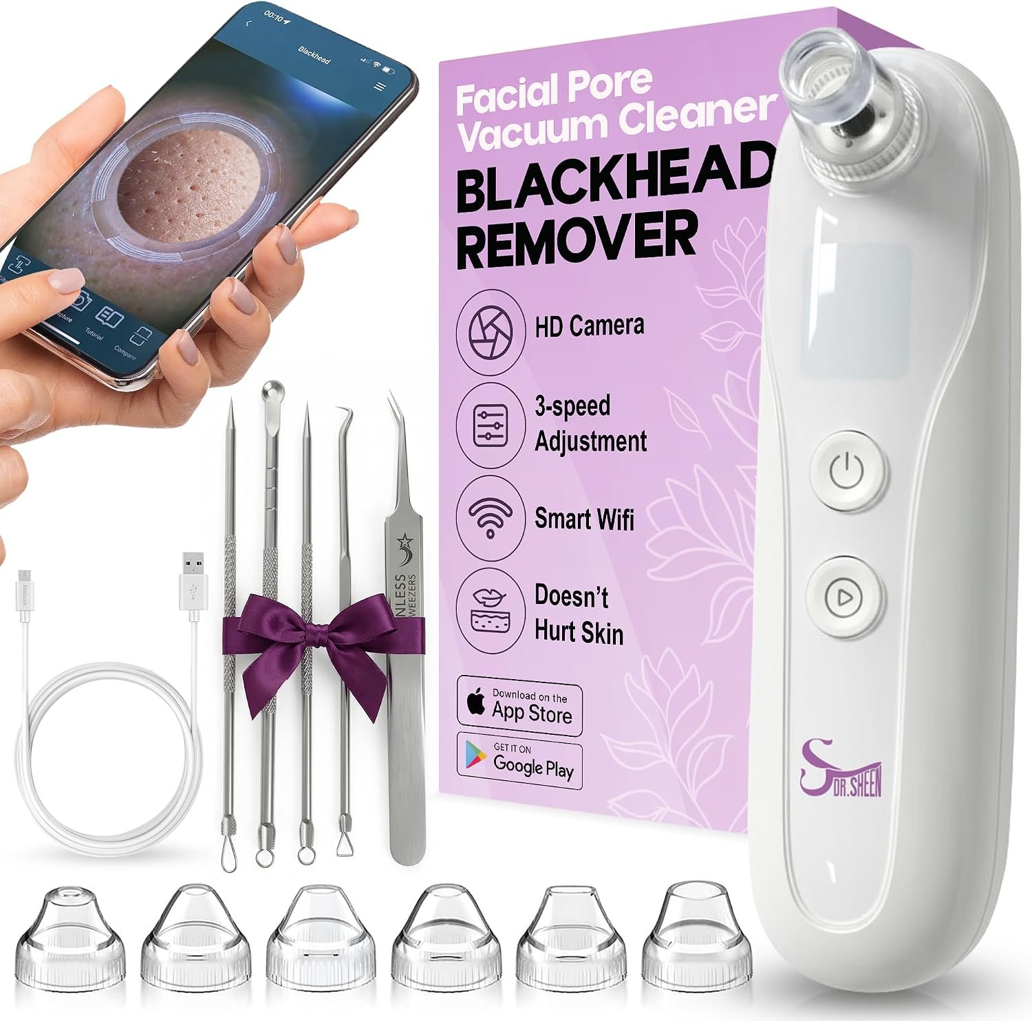 Dr. Sheen Blackhead Remover Vacuum with Camera, Pore Vacuum Blackhead Remover, 3 Suction Modes, 6 Heads, USB Rechargeable, 5-Piece Stainless Steel Kit, Deep Pore Cleanser for Women & Men