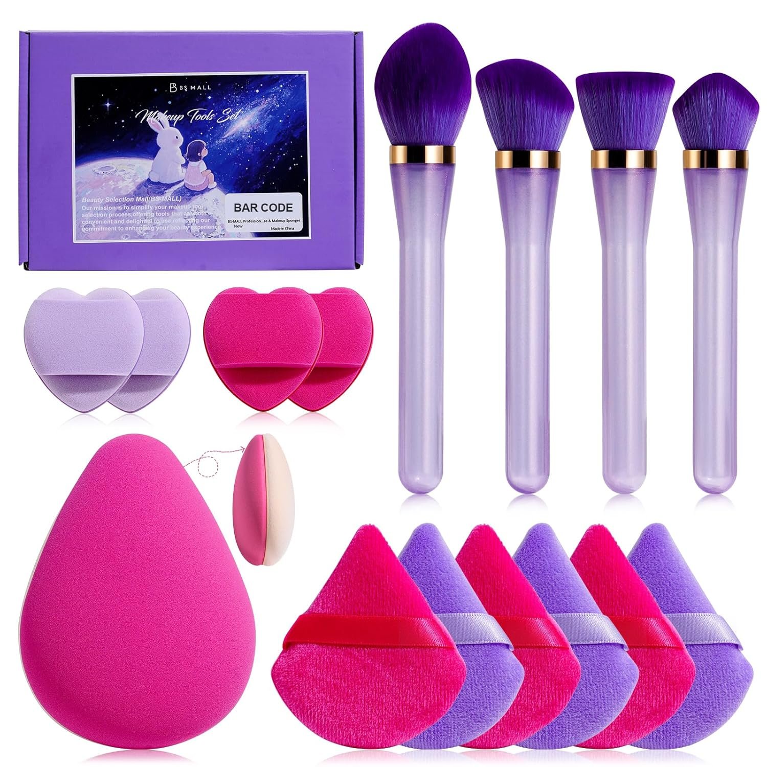 BS-MALL Professional 4 Pcs Makeup Brush Set WithTriangle Sponges, Extra-large Dual-purpose Makeup Sponge & Soft Finger Sponges for Flawless Daily Use – Travel-friendly Multi-purpose & Makeup Sponges