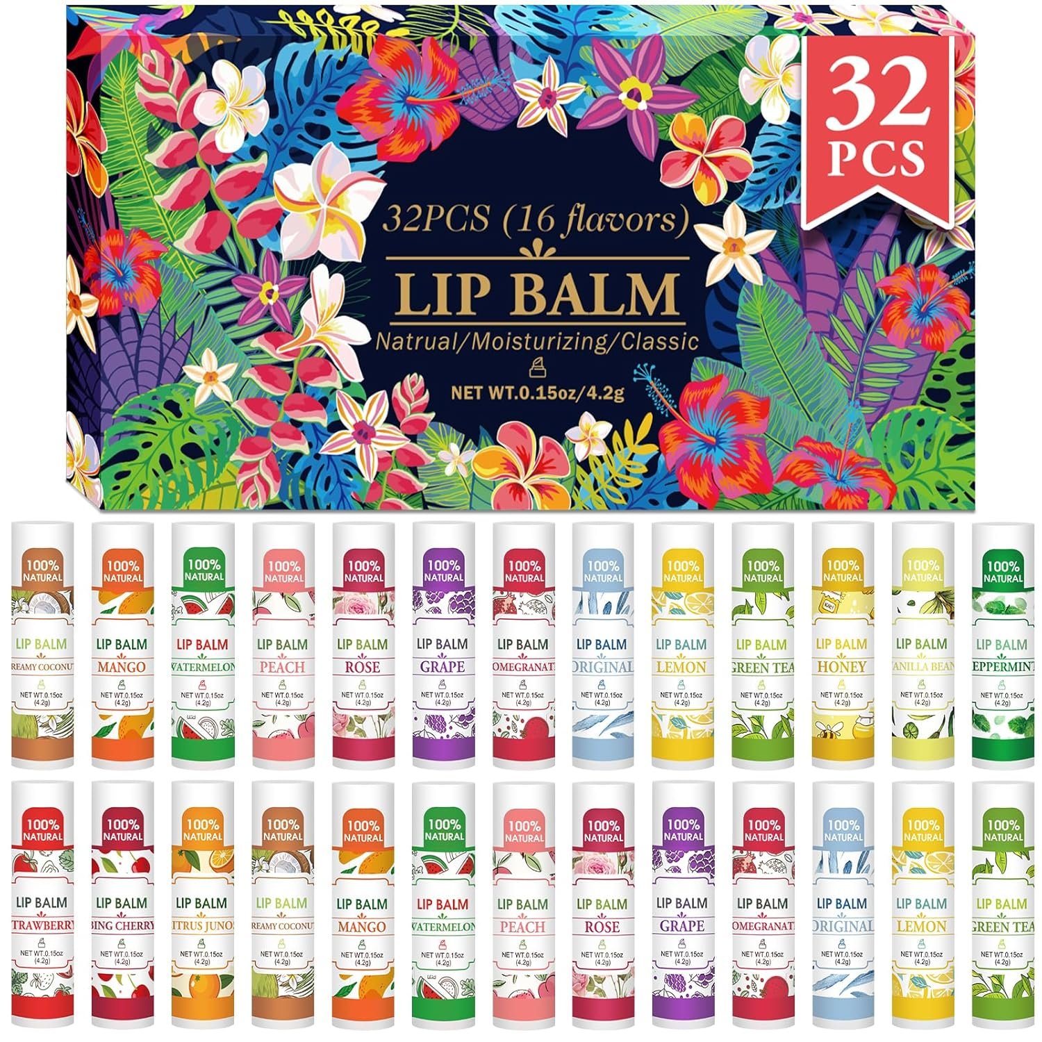 VISRIE 32 Pack Lip Balm, Natural Lip Balm Bulk with Vitamin E and Coconut Oil, Moisturizing Lip Balms for Dry Lips-16 Flavors