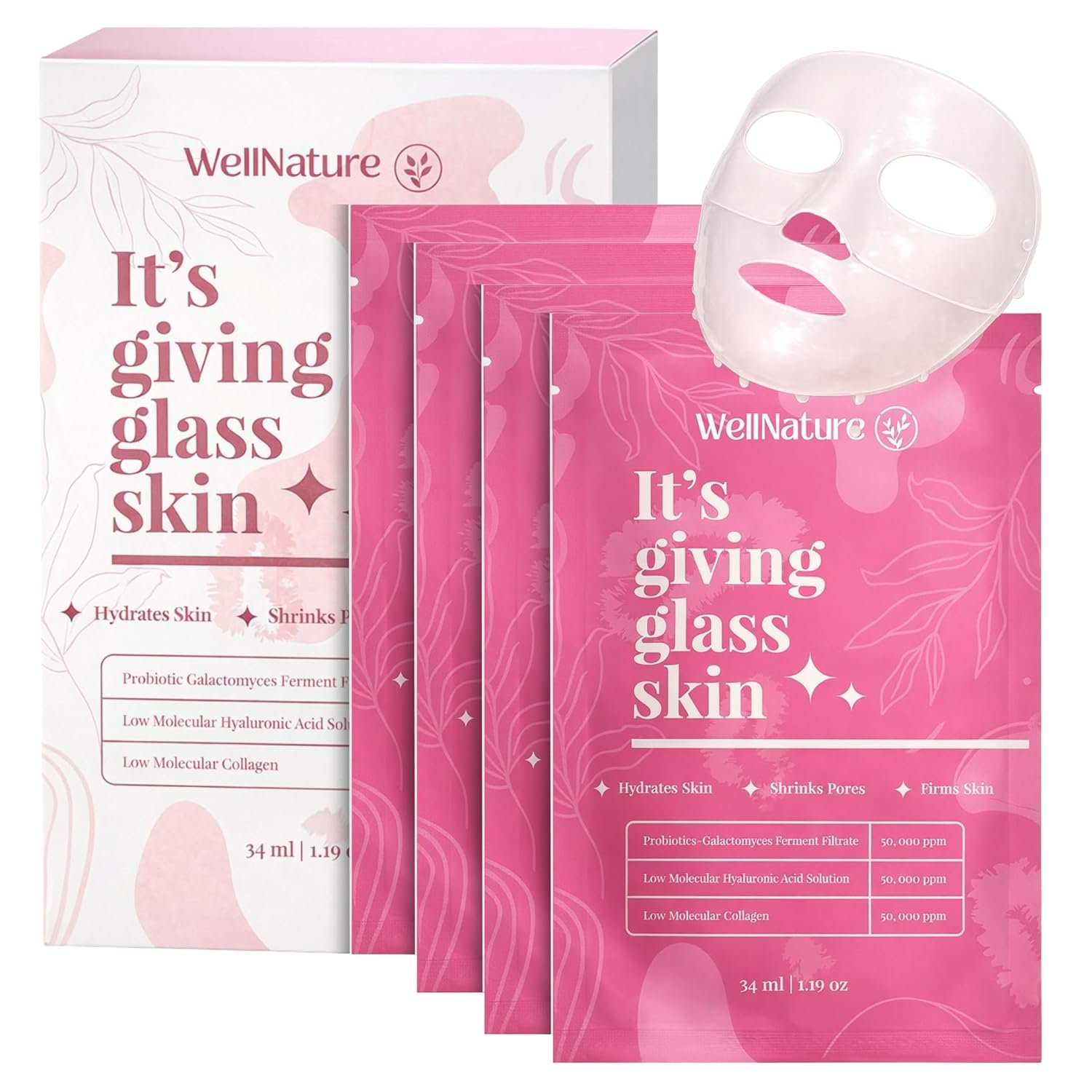Wellnature™ The Original Overnight Real Deep Mask – It’s Giving Glass Skin Hydrating Hydrogel Turns Transparent Sleep Mask Bio-Collagen Oligo-Hyaluronic Acid, Skincare Gift, Pack of 4