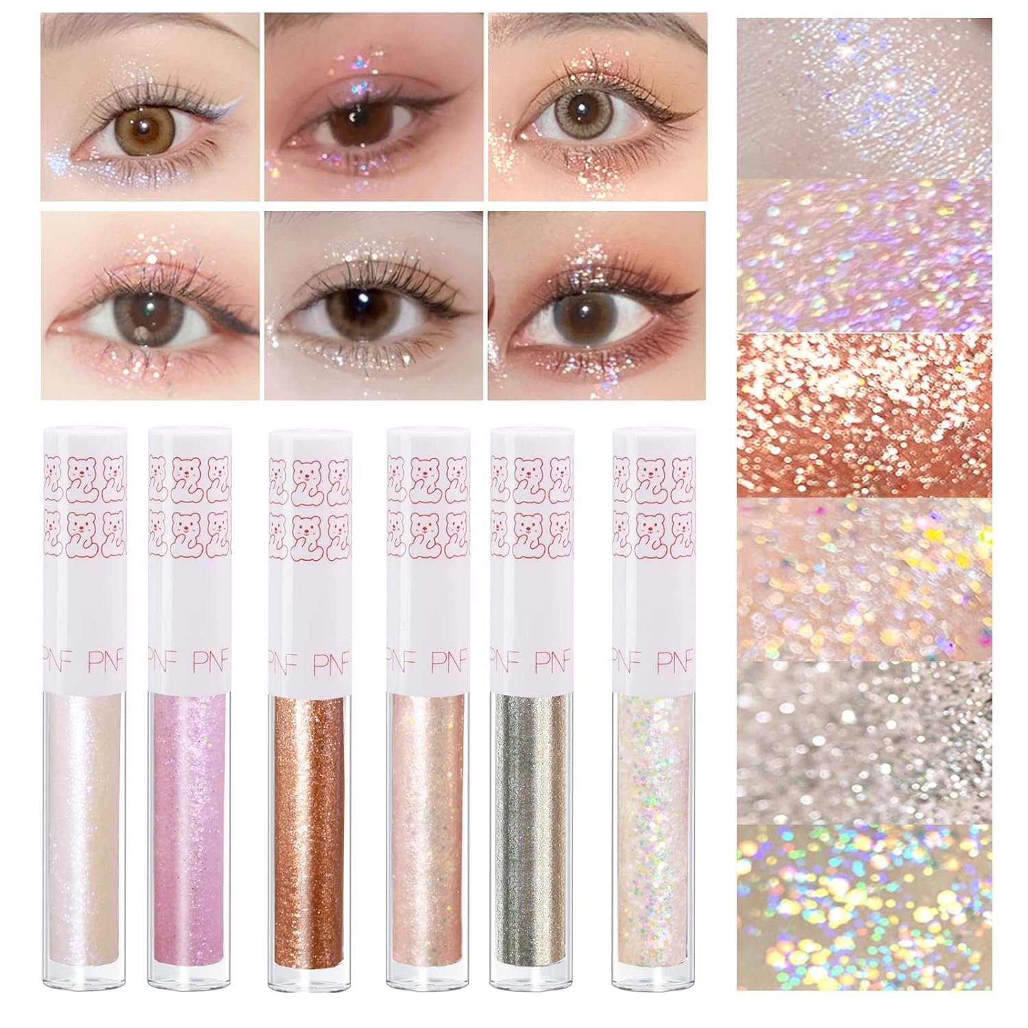 6Pcs Liquid Glitter Eyeshadow Eyeliner, Korean Makeup, Bling Under Eye Shadow, Shimmer Eye Make Up Valentine’s Gift Set,Long Lasting,Quick Drying & Pigmented Loose Glitter Glue for Crystals Makeup