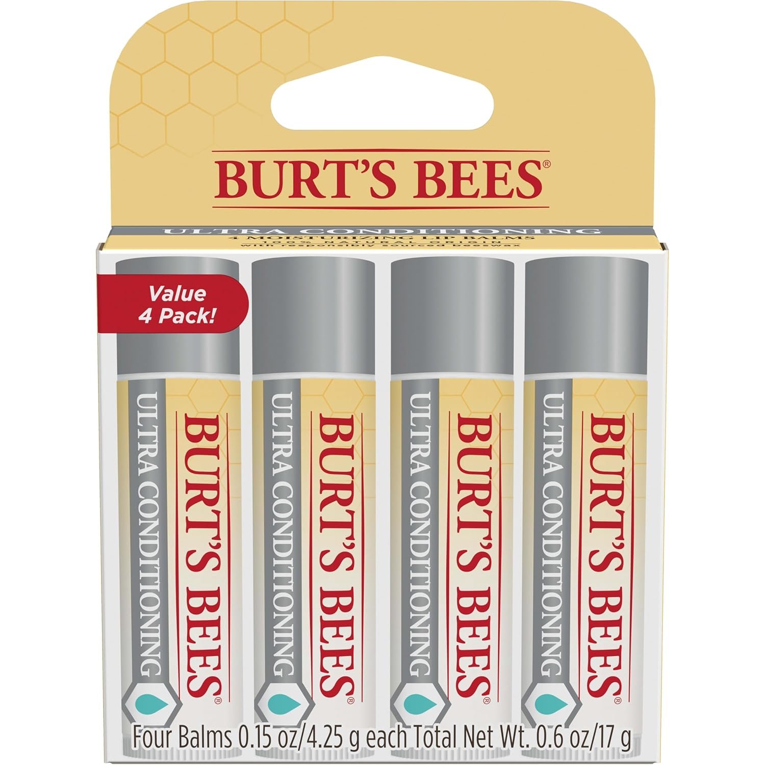 Burt’s Bees Lip Balm, Moisturizing Lip Care, 100% Natural Origin, Ultra Conditioning with Shea, Cocoa & Kokum Butter (4 Pack)