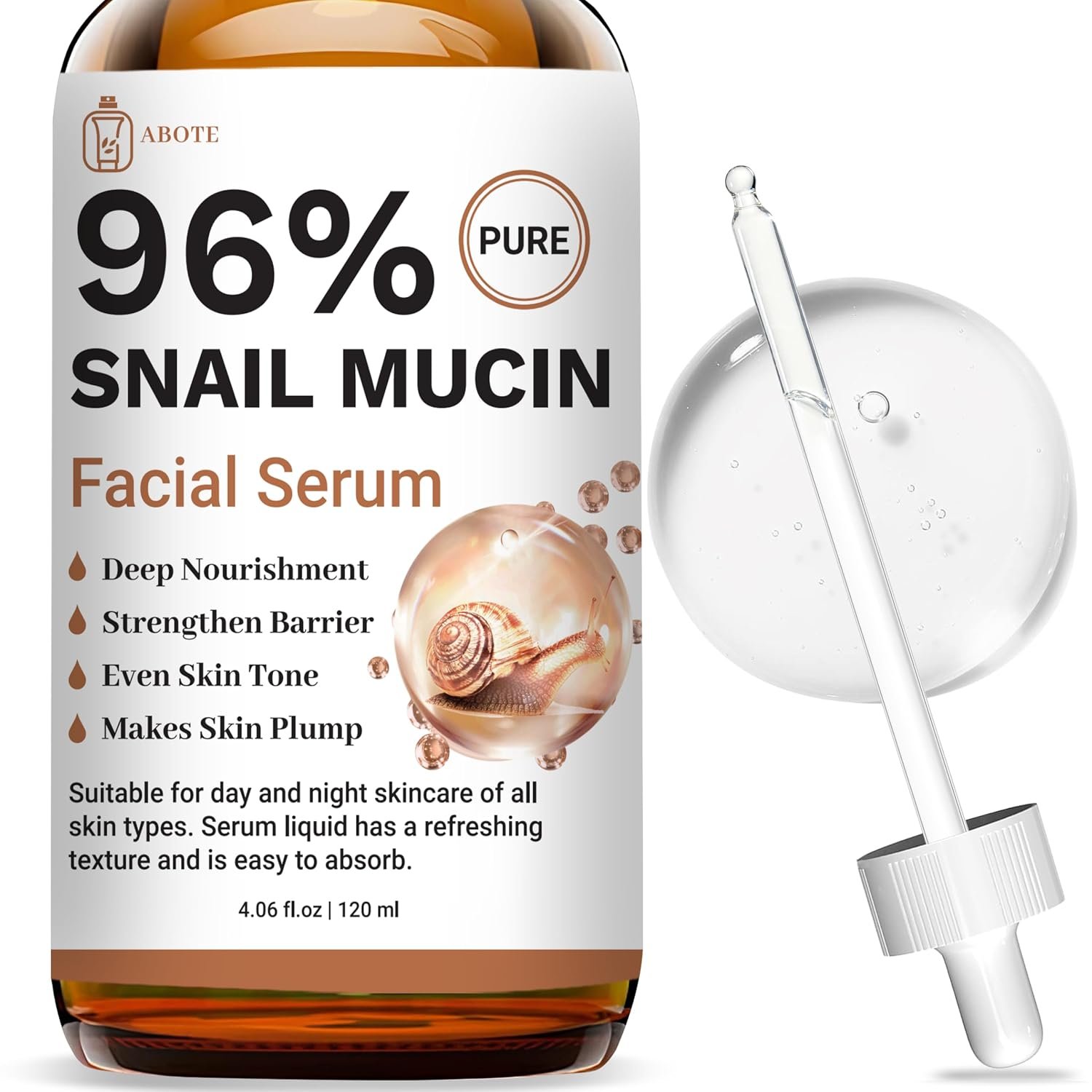 ABOTE Snail Mucin Face Serum 120ml with Pure 96% Snail Secretion Filtrate, Deep Hydration, Refreshing Skincare for All Skin Types (4.06 fl.oz) Travel Pack Size