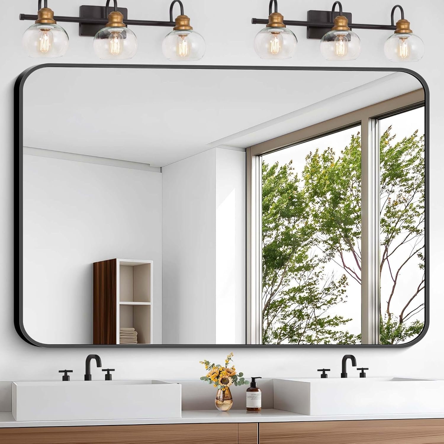 Bathroom Mirror, 48×36 inch Black Rectangle Wall Mirror, Metal Frame Rounded Corner Vanity Mirror, Large Wall Mounted Mirror for Over Sink Bedroom Living Room Horizontal Or Vertical Mounting