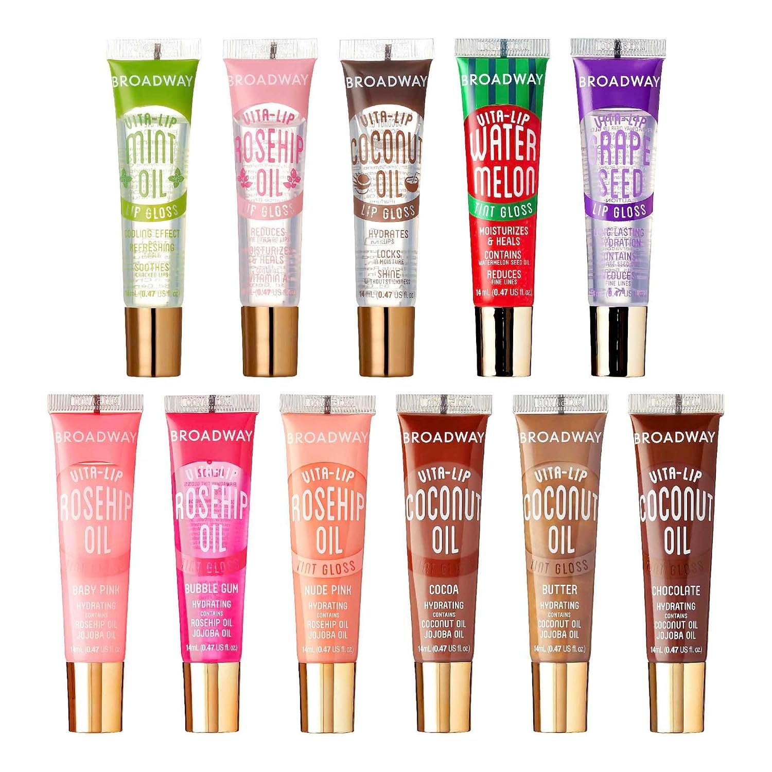 Ruby Kisses Broadway Vita-Lip Tinted & Clear Lip Gloss Set (11 Pack) Ultra-Hydrating & Soothing Formula with Vitamins, High-Shine Non-Sticky Lip Balm with Rosehip+Coconut Oil, Pink & Brown Shades