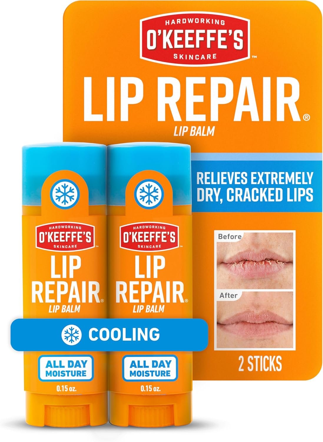 O’Keeffe’s Lip Repair Lip Balm With Cooling Relief for Dry, Cracked Lips – Stick (Twin Pack) – Moisturizer for Extremely Cracked, Dry Lips