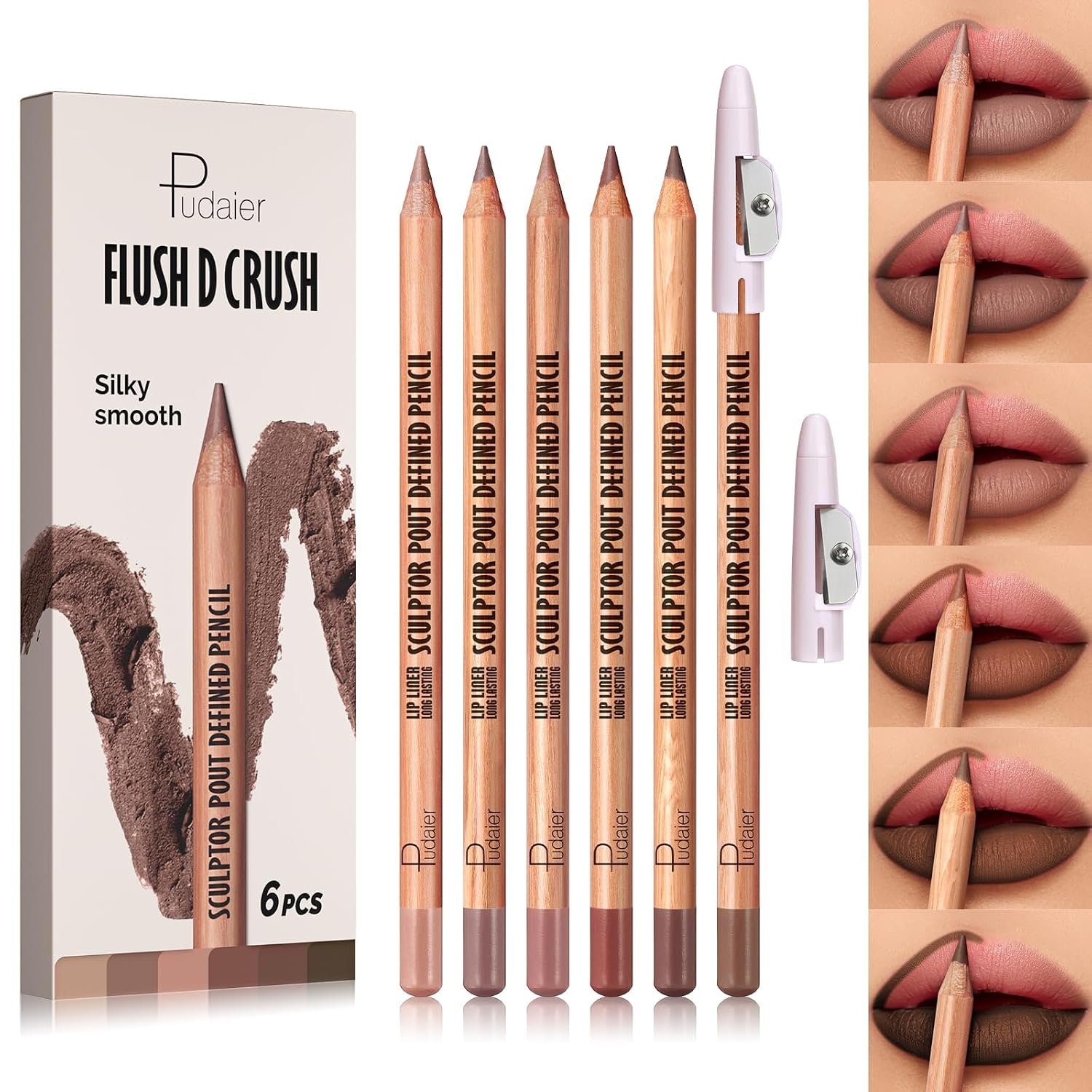 Pudaier Matte Lip Liner Set for Women, Long-Lasting Lip Makeup, Smooth LipLiner Kit with 6 Colors Lipliner & Sharpener, Waterproof Lip Liner Pencil for Defining & Filling Lips, Nude-Brown