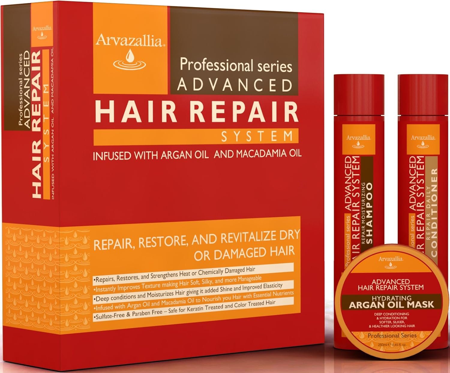 Advanced Hair Repair Shampoo, Conditioner and Deep Conditioner Mask System Set for Dry or Damaged Hair with Argan and Macadamia Oil by Arvazallia – Sulfate Free