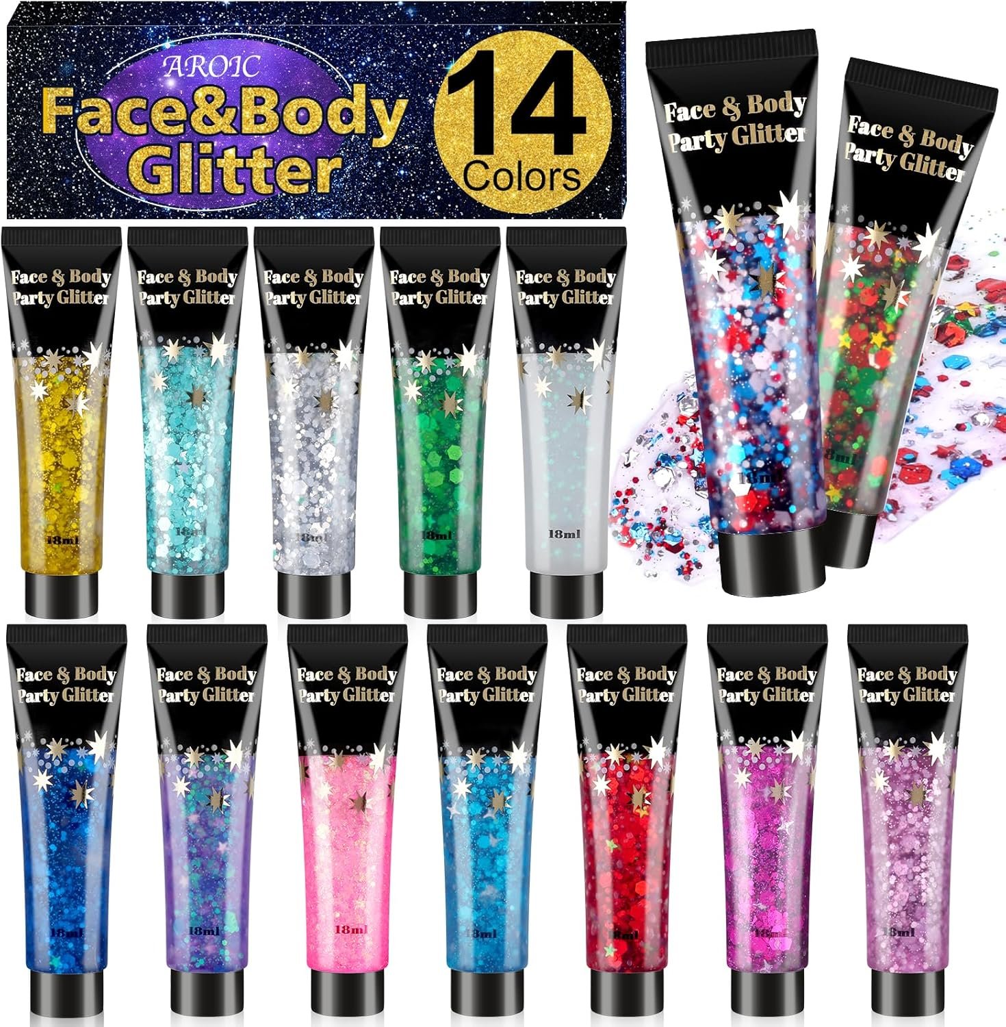AROIC 14 Colors Body Glitter, 4th of July Face & Hair Glitter Gel Set for Festival, Eye Shimmer for Women Rave Accessories Party Supplies, Face Paint Hair/Cheek/Eyelid Sparkle Makeup-18ml/Tube