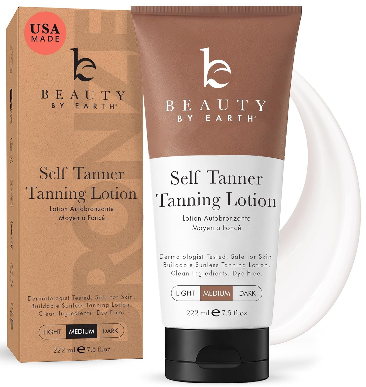 Beauty by Earth Self Tanner – USA Made with Natural & Organic Ingredients, Moisturizing Self Tanning Lotion with Aloe Vera & Coconut for a Natural Glow, Streak-Free Fake Tan (Medium)