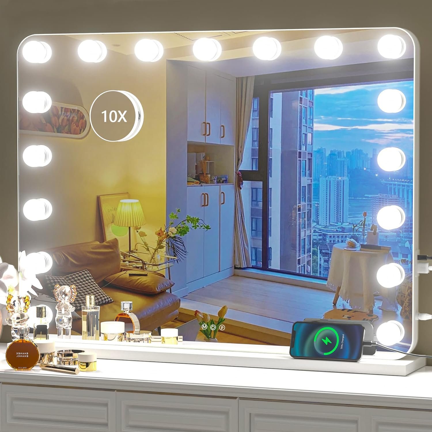 Hasipu Vanity Mirror with Lights, 32″ x 24″ Hollywood Mirror, Makeup Mirror with 17 Dimmable Bulbs and 10X Magnification, 3 Colors Modes, Touch Control, USB Charging Port, Type-C (Round White)