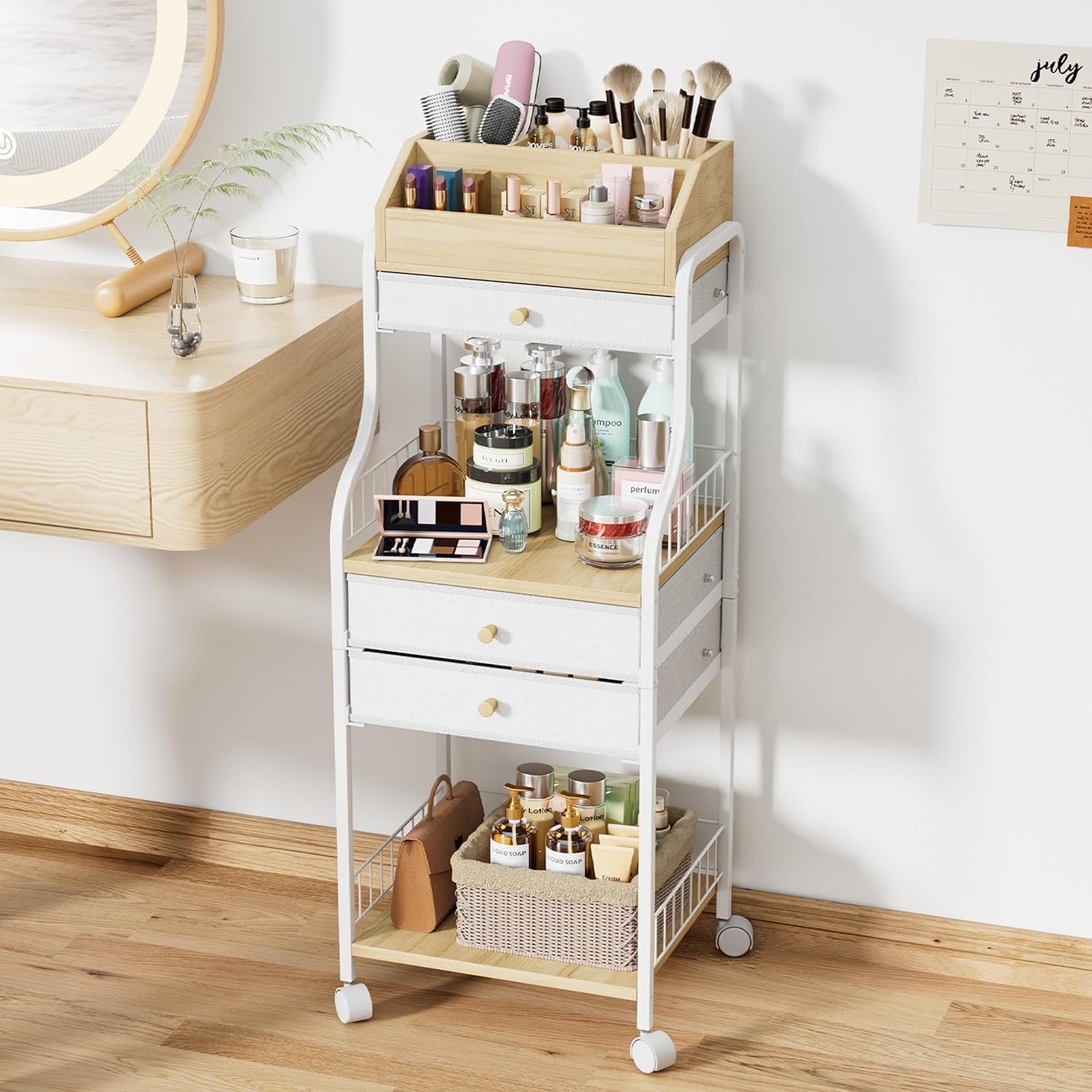 SWTYMIKI Rolling Makeup Organizer Cart – Floor Skincare Storage with Non-woven Drawers, Vanity Organizer Cosmetic Display Cases with Wheels, Cabinet for Skin Care Perfume Nail Polish Brush Hair Tool