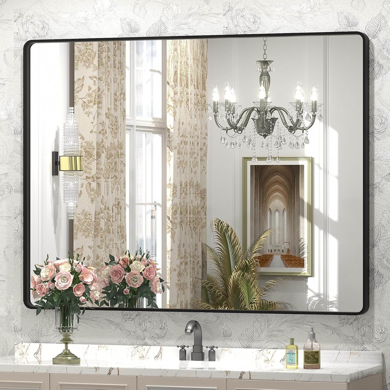 44×36 Inch Black Metal Framed Bathrrom Mirror for Wall, Black Matte Rounded Rectangle Bathroom Vanity Mirror, Anti-Rust, Tempered Glass, Hangs Horizontally or Vertically