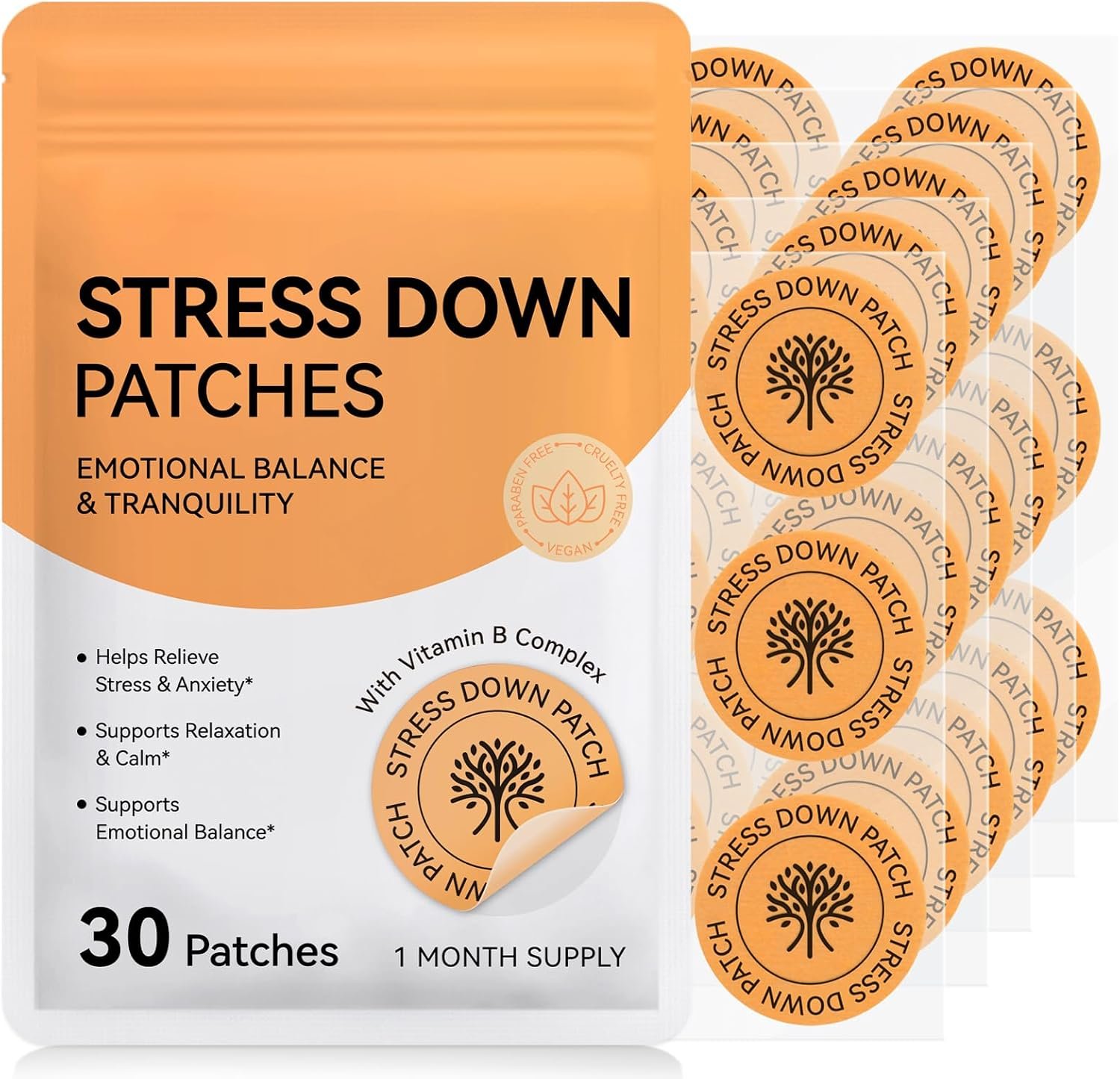 Stress Down Patches – Stress & Anxiety Relief, Cortisol Level Support for Women Men, 30 Patches